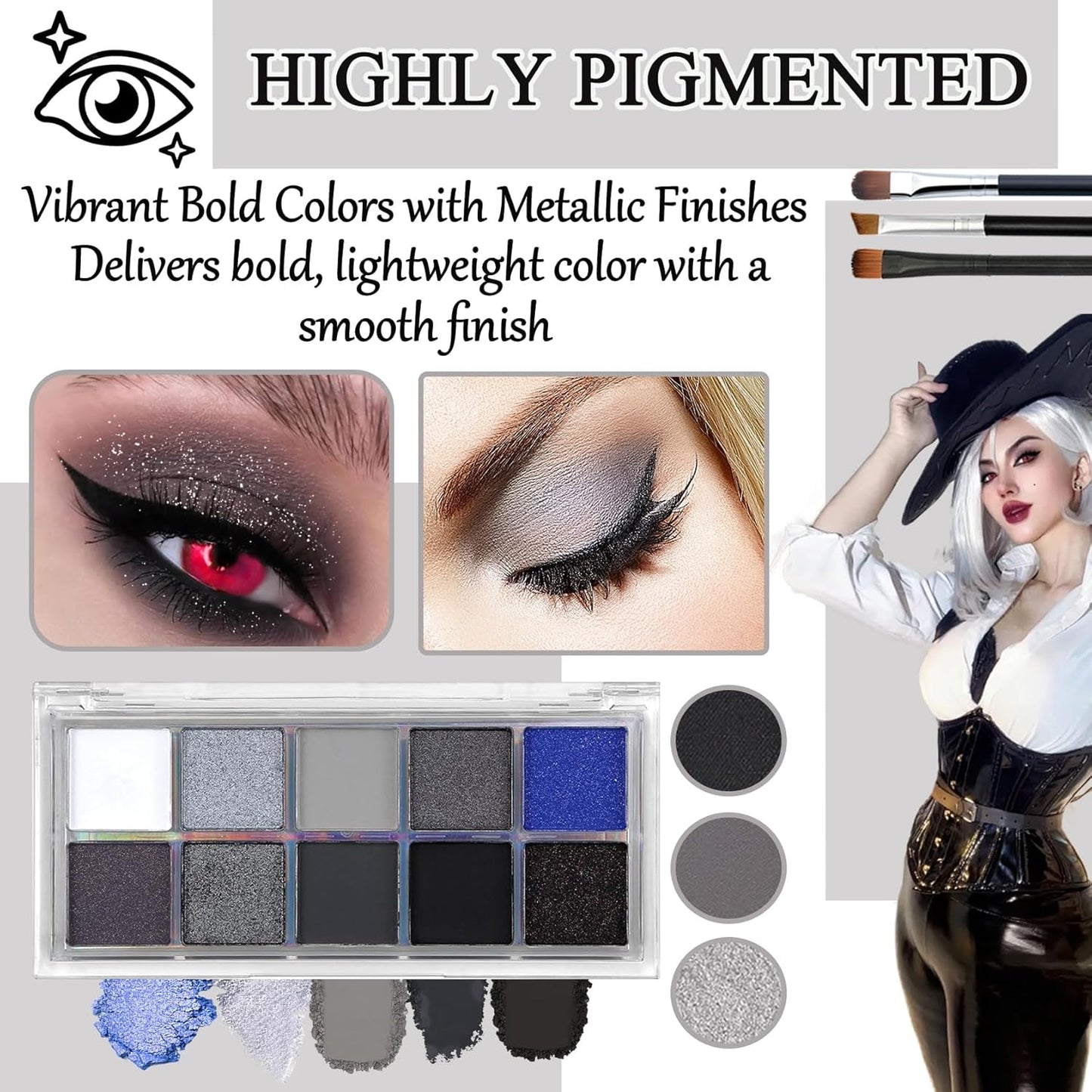 Black Grey Smoky Eyeshadow Palette,15 Colors Matte Shimmer Pigmented Eye Shadow Makeup Palette Set with 3 Eyeshadow Brushes,Glitter Eyeshadow Makeup Palette for Daily Halloween Goth Makeup(E)