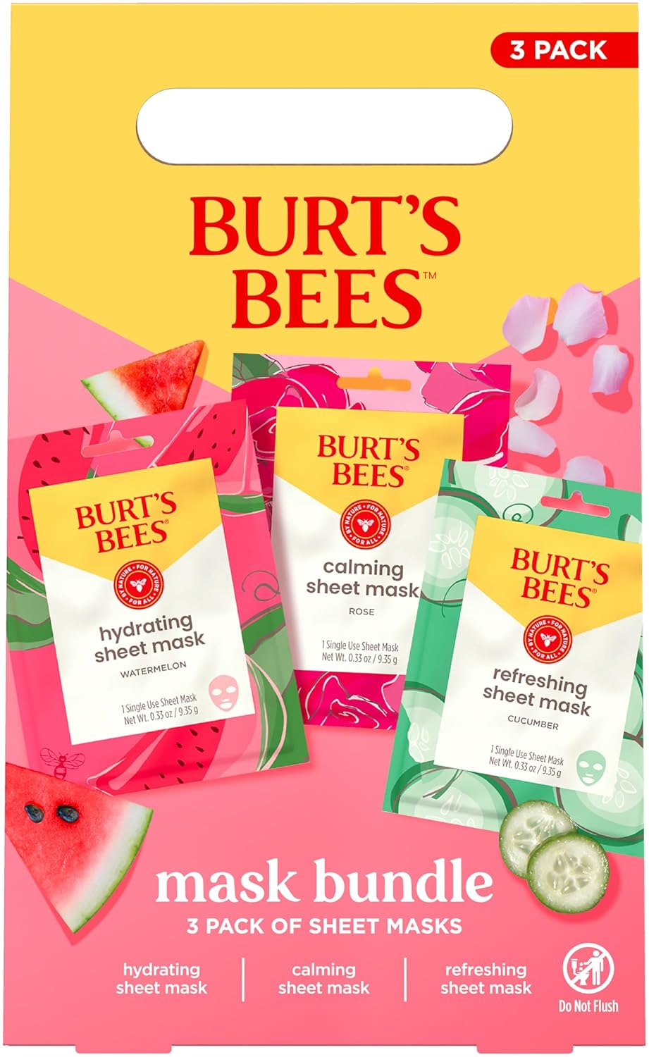 Burt's Bees Christmas Gifts - Face Mask Bundle Set, Hydrating Watermelon, Calming Rose, & Refreshing Cucumber, Face Sheet Masks for Single Use Skin Care, 99% Natural Origin, 3 Count, 0.33oz Each