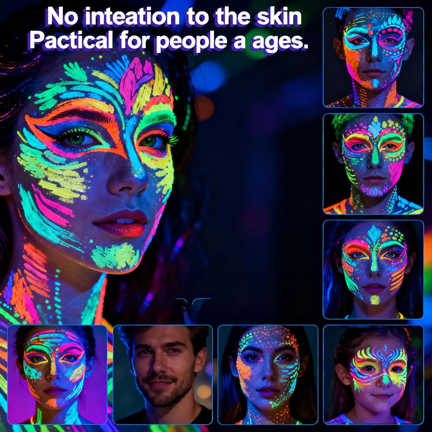 Glow UV Blacklight Face Paint,Neon Fluorescent Body Painting Palette,Water Activated Makeup Eyeliner,Water Based Glow In The Dark Party Halloween Washable for Adult Body Paint Set (12 color)