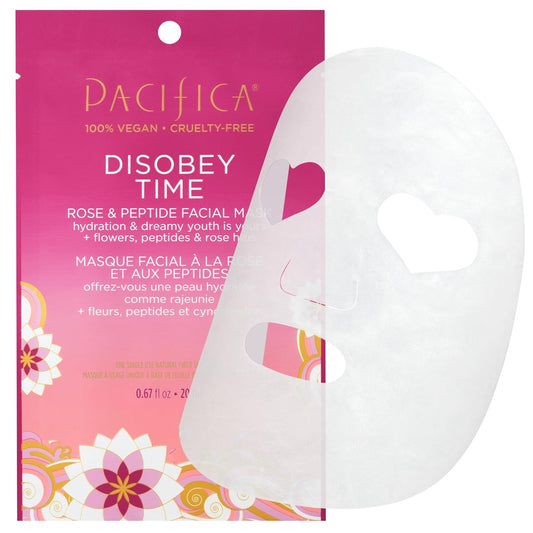 Pacifica Disobey Time Rose & Peptide Facial Sheet Mask Hydrating Anti-Aging Mask for Fine Lines & Dry Skin Infused w/Hyaluronic Acid & Chamomile Clean Beauty Vegan & Cruelty-Free Dermatologist Tested
