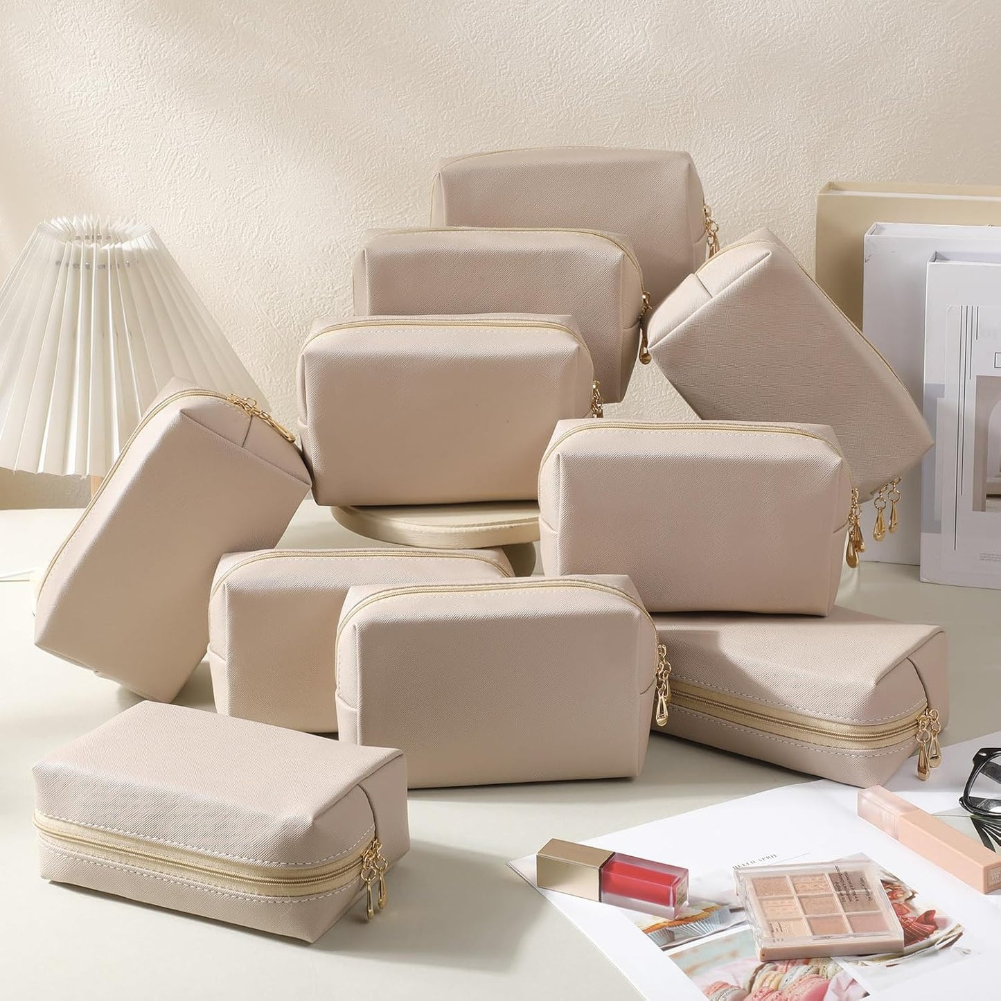 Kigeli 15 Pcs Aesthetic Makeup Bags PU Leather Cosmetic Pouches Waterproof Plain Toiletry Bags Makeup Pouches Bulk for Women Party Gift Travel Storage Organizer (Nude Color)