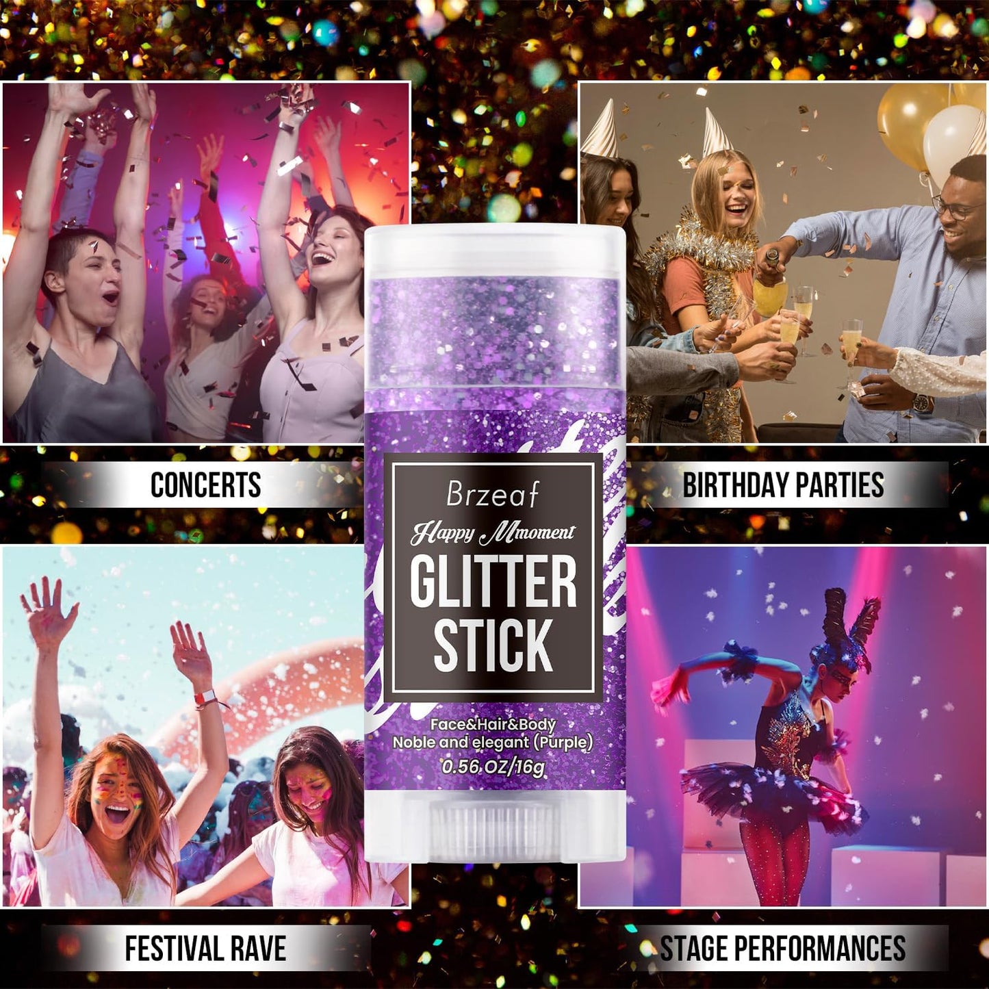 Brzeaf Waterproof Purple Glitter Stick, Not Greasy & Shimmery & Long Lasting, Chunky Glitter for Face/Body/Hair/Eyes, Singer Concert Music Halloween Rave Festival, Glitter Stick Makeup for Women Men