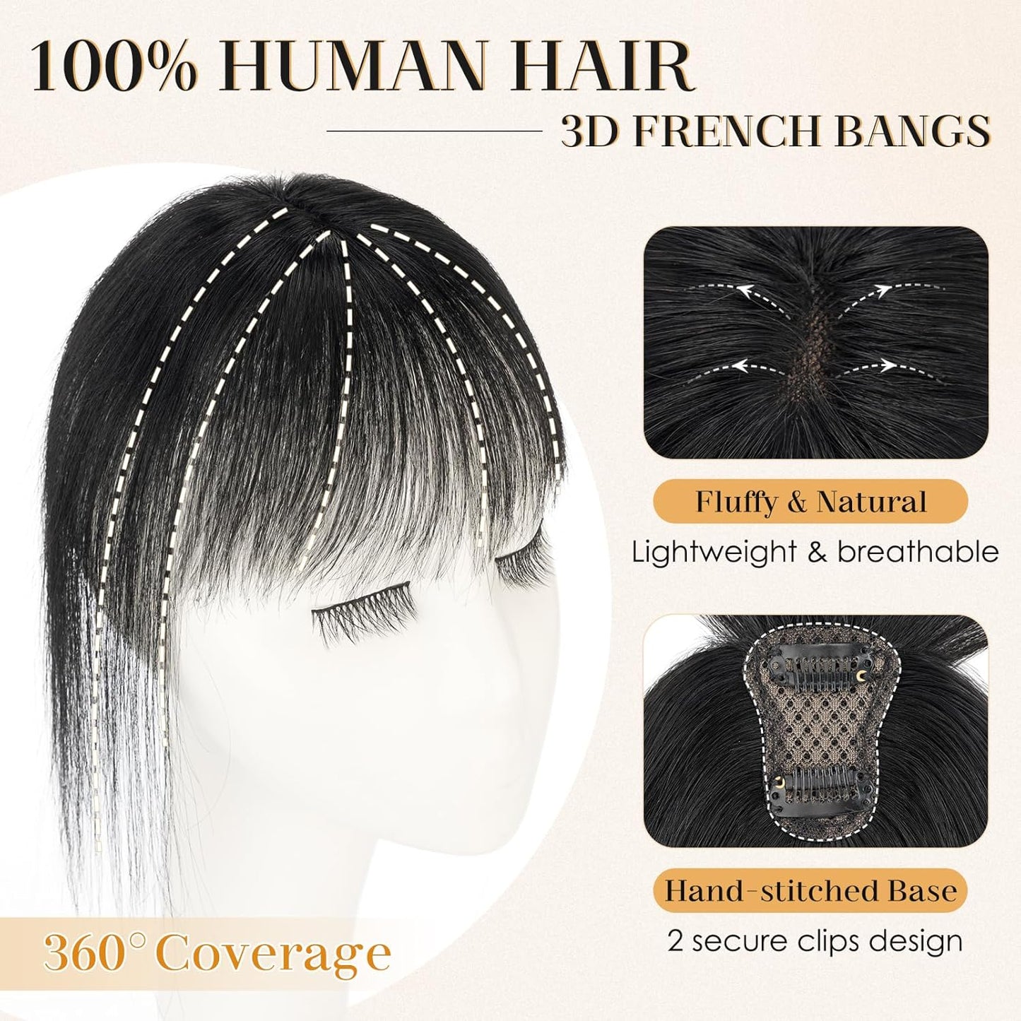S-noilite Bangs Hair Clip,360° 3D Cover Real Jet Black Clip in Bangs Human Hair Toppers for Women With Wispy Bang Daily Wear