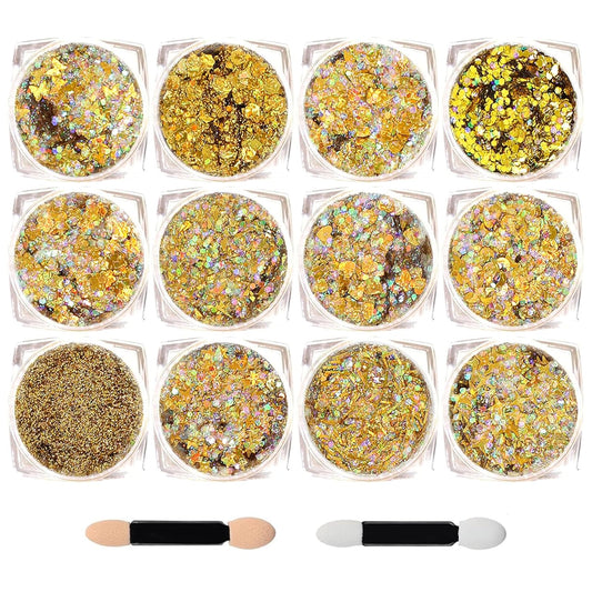 Body Glitter Face Glitter, Hair Glitter for Kids, 12 Shapes Fine Chunky Glitter Gel for Women Girls Makeup Sparkles Party Mermaid Sequins Rave Accessories Singer Concerts Festival (Gold Scheme)