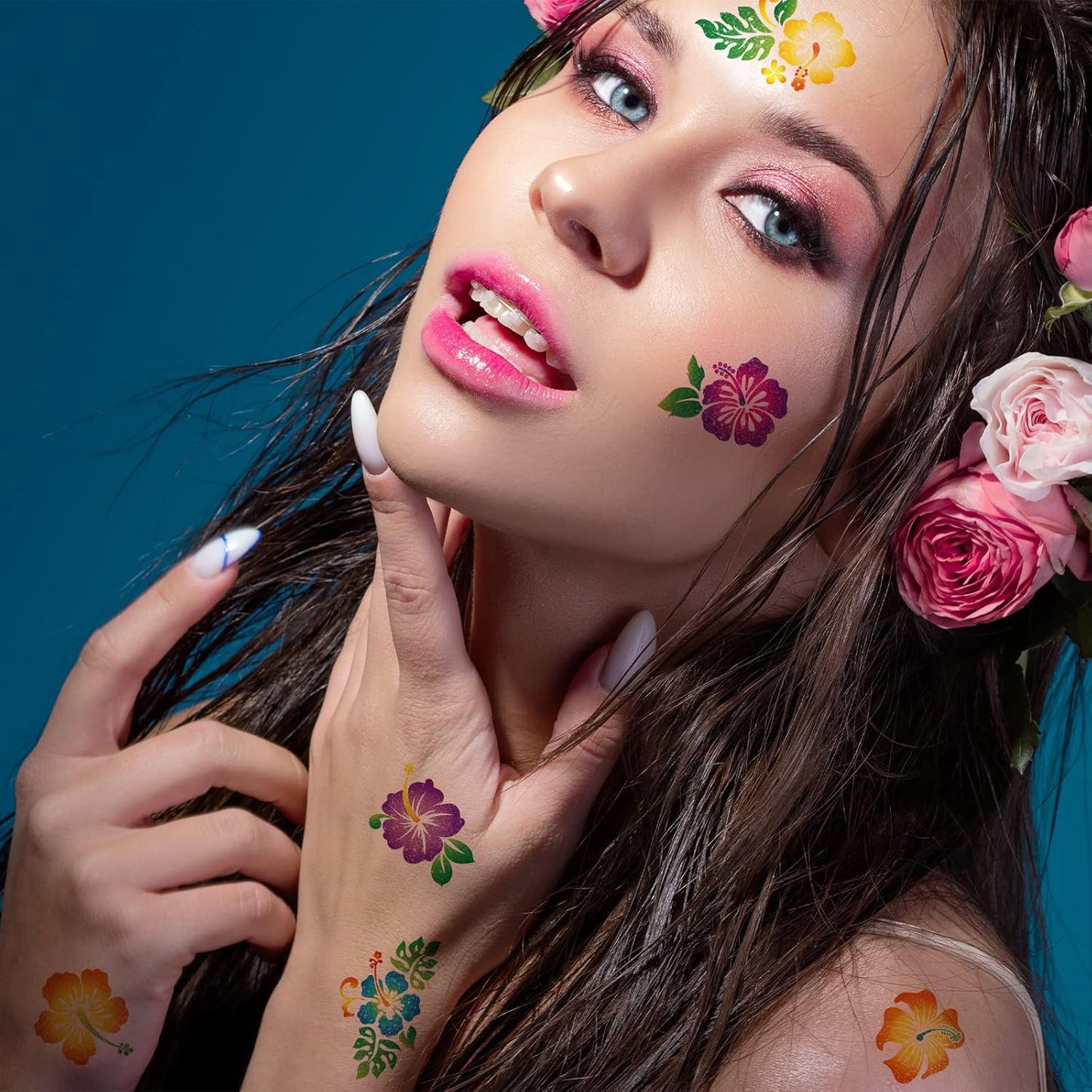 Nosiny 240 Pcs Hibiscus Glitter Tattoos Hawaiian Temporary Tattoos Flower Luau Stickers Summer Decal Stickers Tropical for Women Men Body Face Hawaiian Themed Party