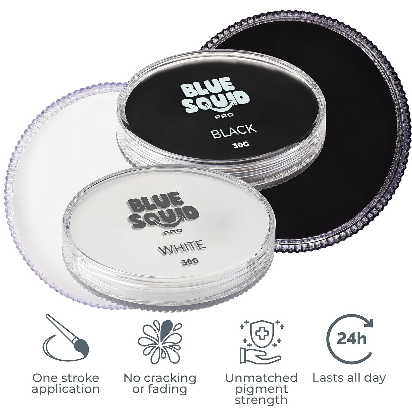 Blue Squid PRO Face Paint - Professional Water Based Single Cake Facepaint & Body Paints - SFX Makeup, Kids Adults Face Painting for Costume, Halloween, Cosplay - Classic Black & White 30g / 1oz
