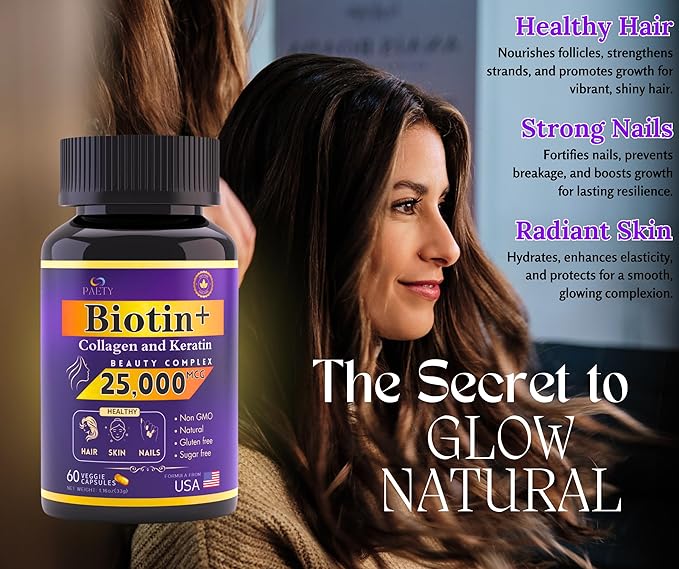 Revitalize Your Beauty! Biotin, Collagen & Keratin Complex – 25,000 mcg with Hyaluronic Acid & B Vitamins – Clinically Tested for Lush Hair, Radiant Skin, Strong Nails – 60 Capsules