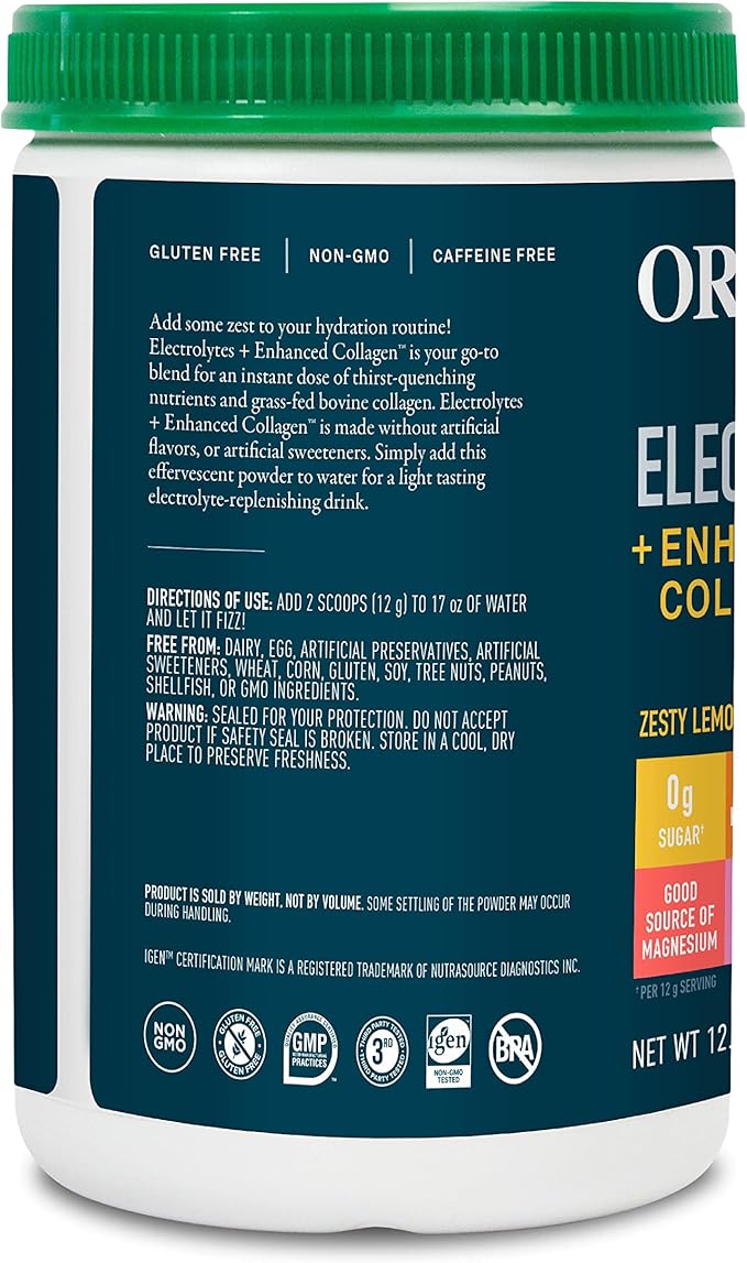 Organikа Electrolytes with Enhanced Collagen Powder for Women & Men - 360g - Zesty Lemon Berry-Flavored Effervescent Electrolyte & Collagen Drink Mix - Deep Hydration, Mobility, Skin, Hair, & Nails