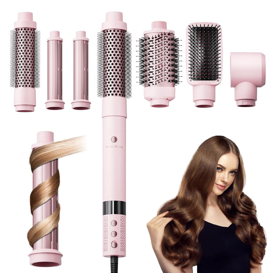 6 in 1 Air Wrap Hair Styler - Hair Dryer Brush Set, Powerful Multi-Styler Blow Dryer Brush with Auto-Wrap Curlers, thermal Brushes for Drying/Curling/Straightening, Hair Styling Tools for Travel, Pink