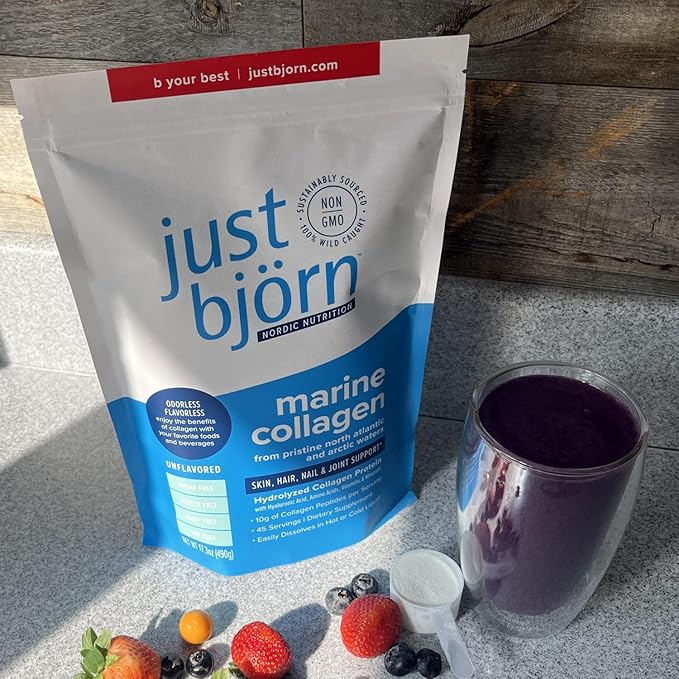 Just Bjorn Marine Collagen Peptides Powder for Women & Men - Skin, Hair, Nail and Joint Support - Hyaluronic Acid, Vitamin C, Amino Acids - Unflavored (30 Servings / 11.5 Ounce)
