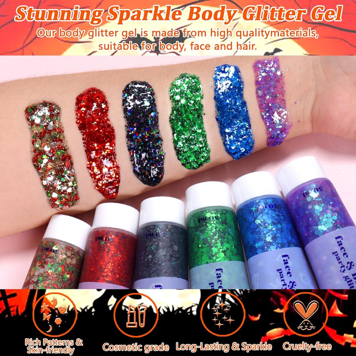 Boko 50ML Body Glitter Gel, Black Halloween Chunky Glitter Gel for Face Hair Body Sparkle Makeup, Witch Clown Glitter Mermaid Face Sequins for Halloween Concert Party Event Rave Accessories