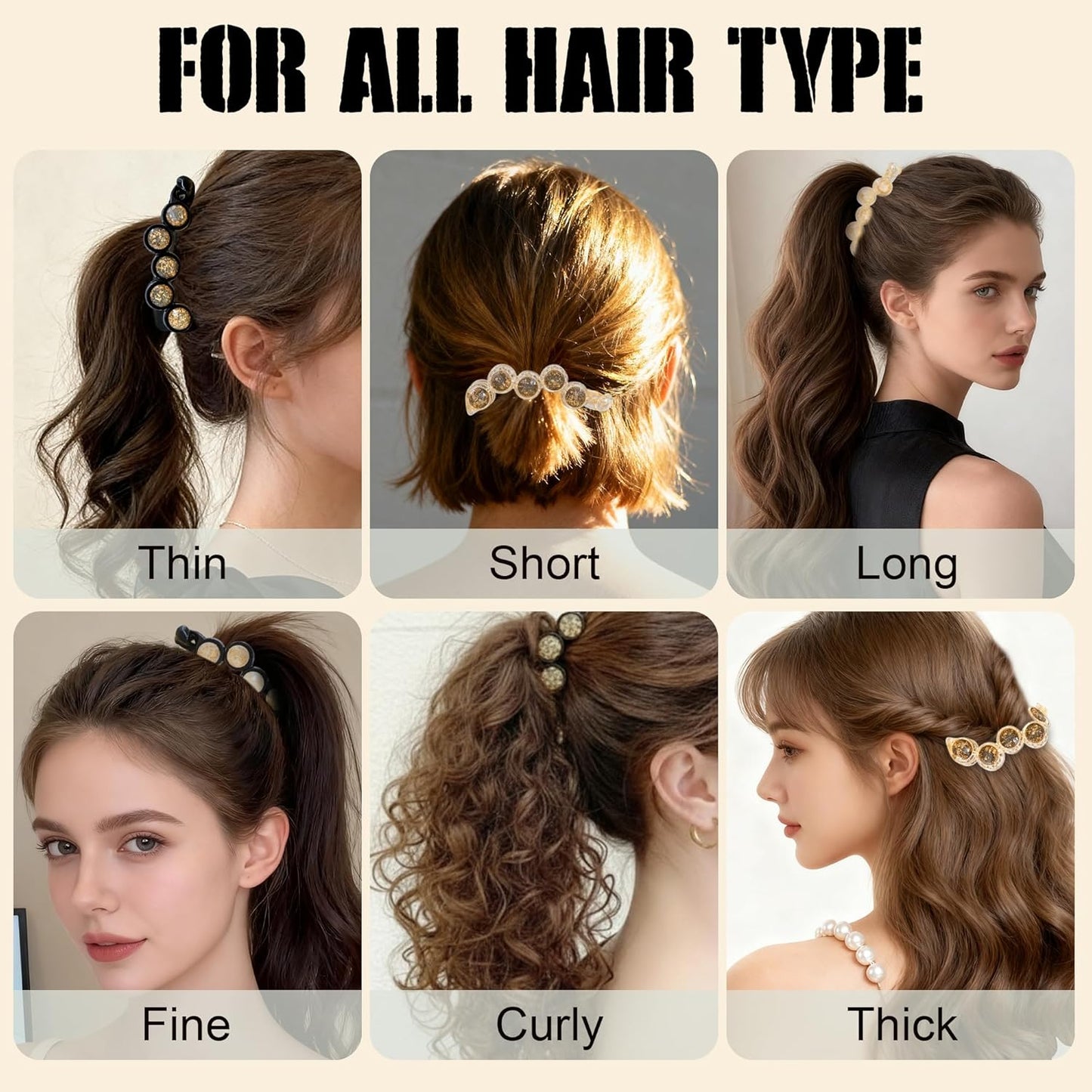 Large Rhinestone Banana Hair Clips for Women, 4 Pcs Non-Slip Ponytail Holders with Sparkly Beads, Strong Hold Clamps for Medium/Thin Hair, Stylish Hair Accessories for Daily Wear, Party, Travel