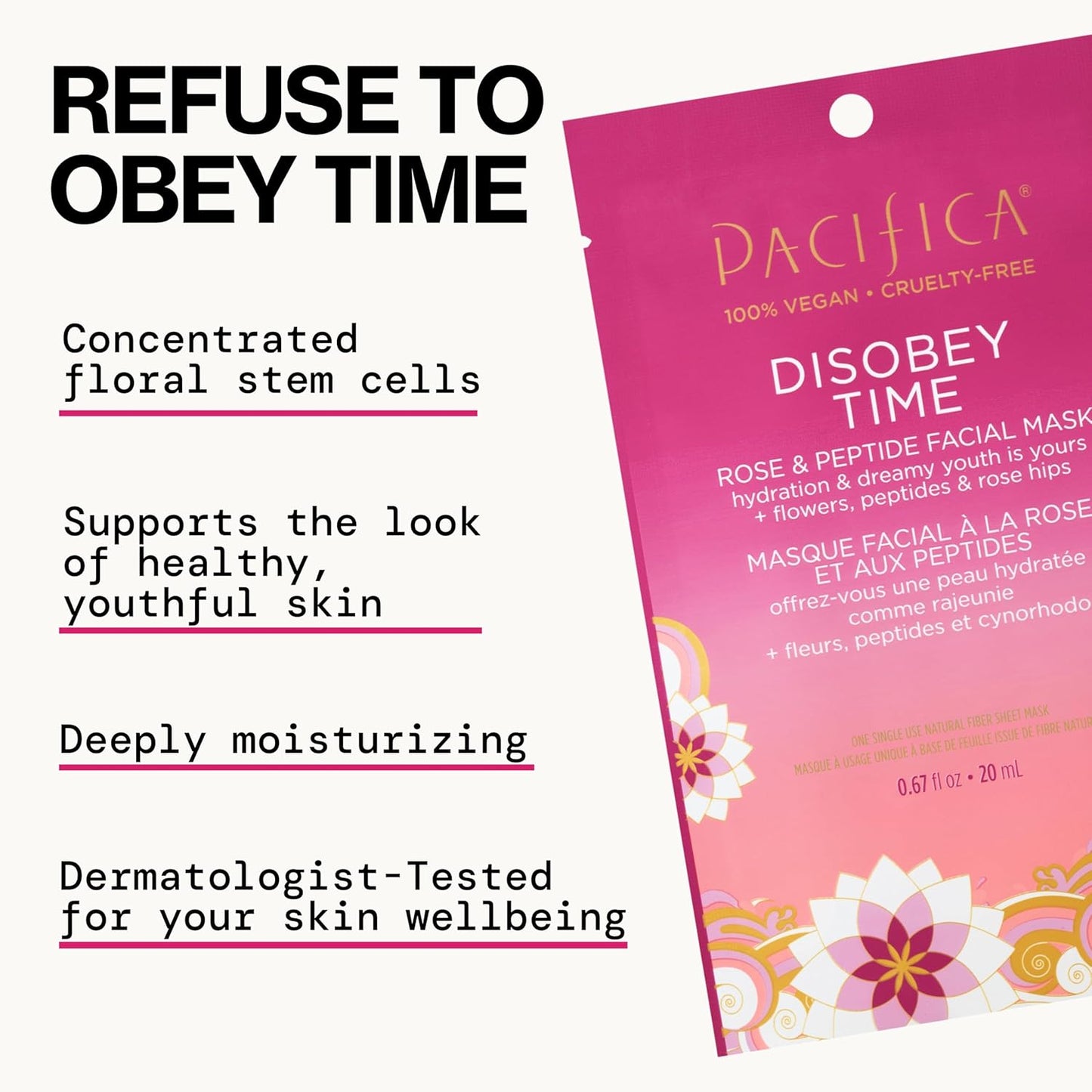 Pacifica Disobey Time Rose & Peptide Facial Sheet Mask Hydrating Anti-Aging Mask for Fine Lines & Dry Skin Infused w/Hyaluronic Acid & Chamomile Clean Beauty Vegan & Cruelty-Free Dermatologist Tested