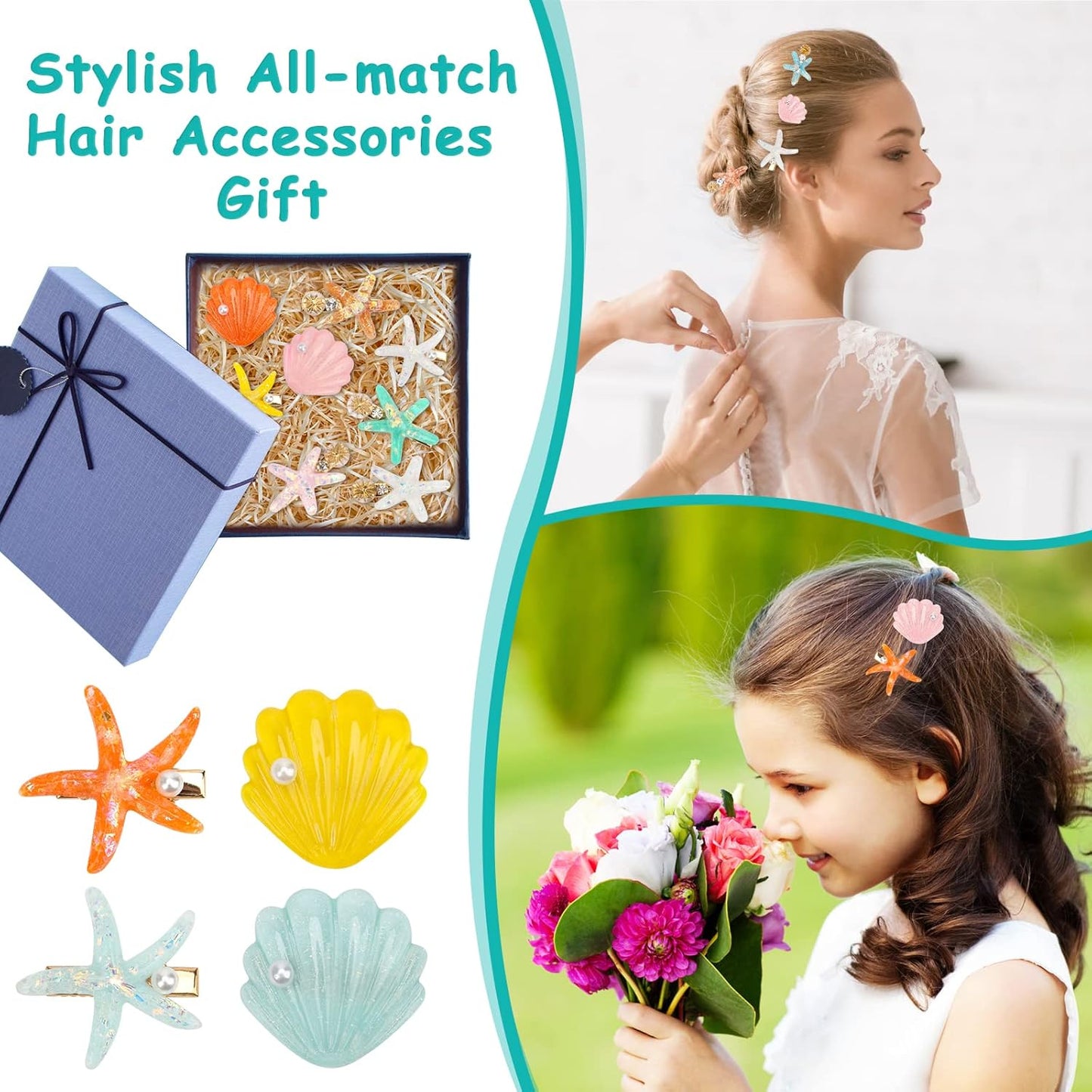 12 Pieces Catcan Starfish and Seashell Hair Clips Set - Artificial Hair Accessories for Women's Headwear Styling