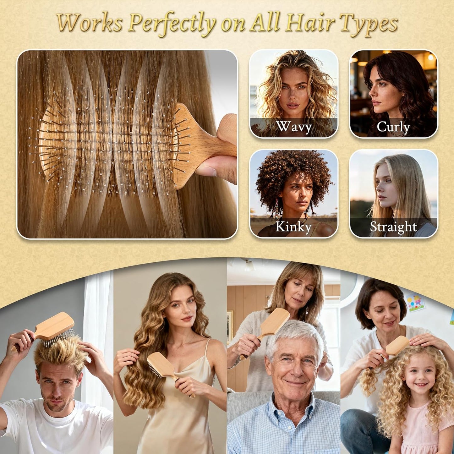 BFWood Paddle Hair Brush with Steel Bristles, Metal hair brush, Help Hair Growth and Massaging Scalp, Anti-frizz Metal Detangling Brush Styling Hairbrush