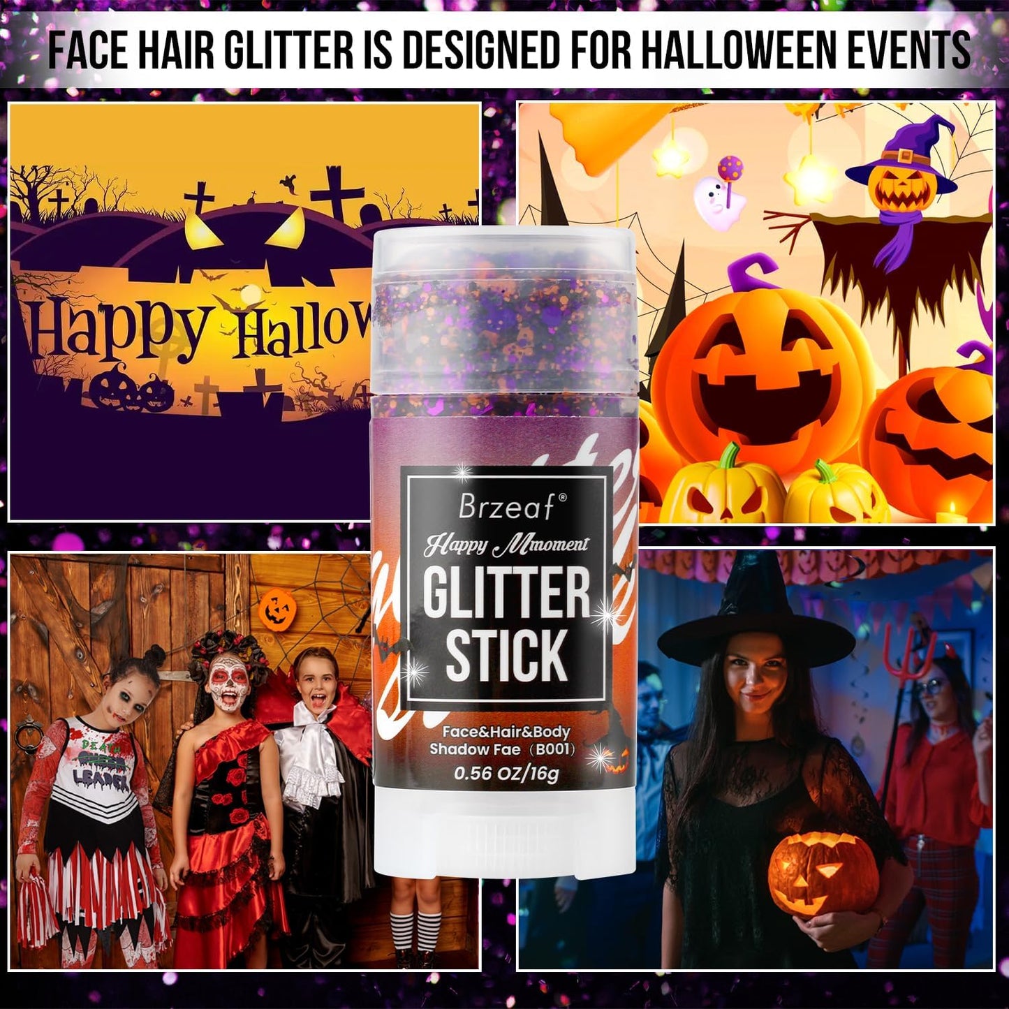 Brzeaf Halloween Body and Face Glitter Stick, Shimmery& Long Lasting, Hair Eyeshadow Face Body Glitter, Singer Concert Music Rave Festival, Glitter Stick Makeup & Face Glitter Gel