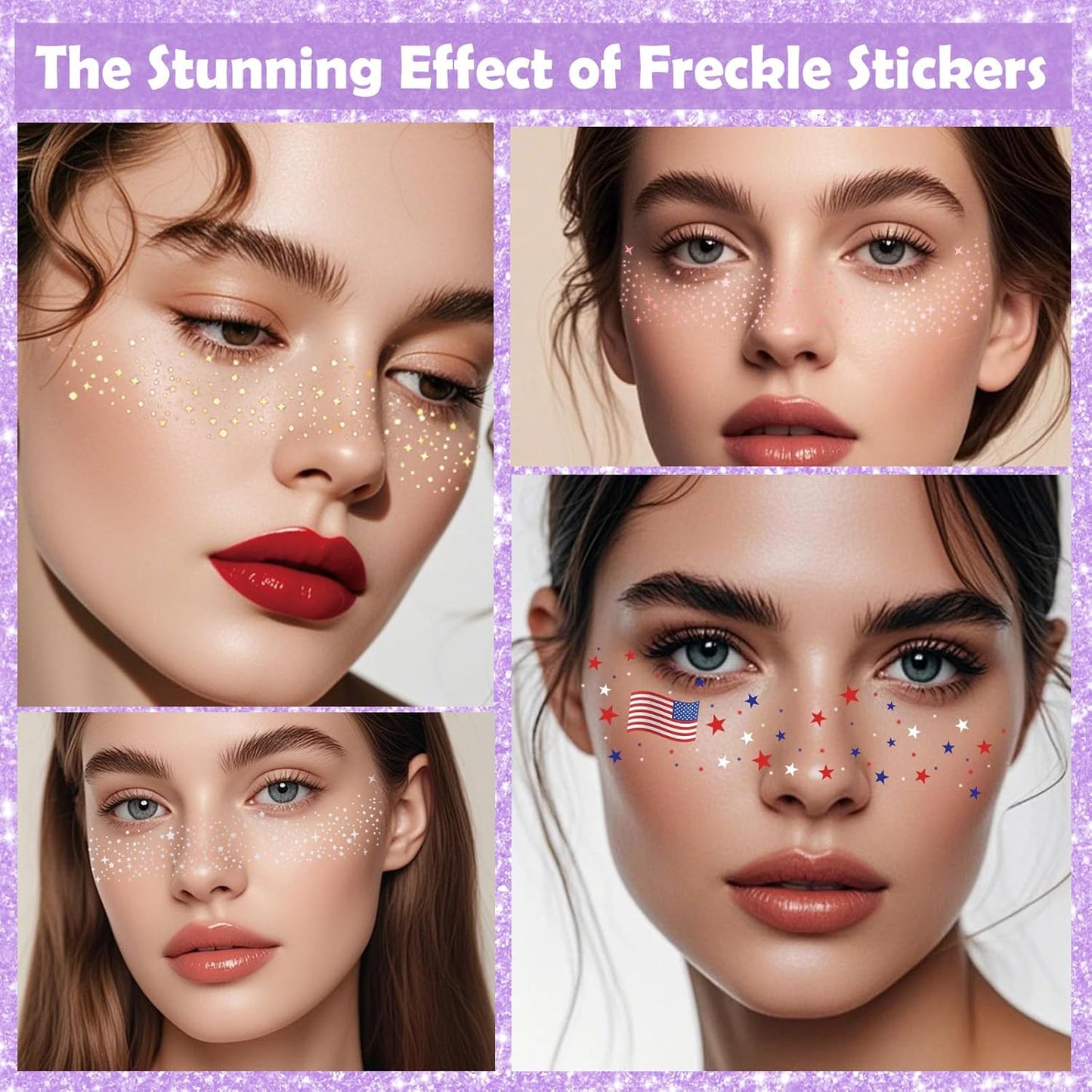 Yosca Glitter Freckles Face Tattoo, 6Pcs Metallic Rose Gold Temporary Tattoos for Body Face Freckle Makeup, Waterproof Glitter Makeup Patches for Festival Concert Party Girl Women Rave Accessories