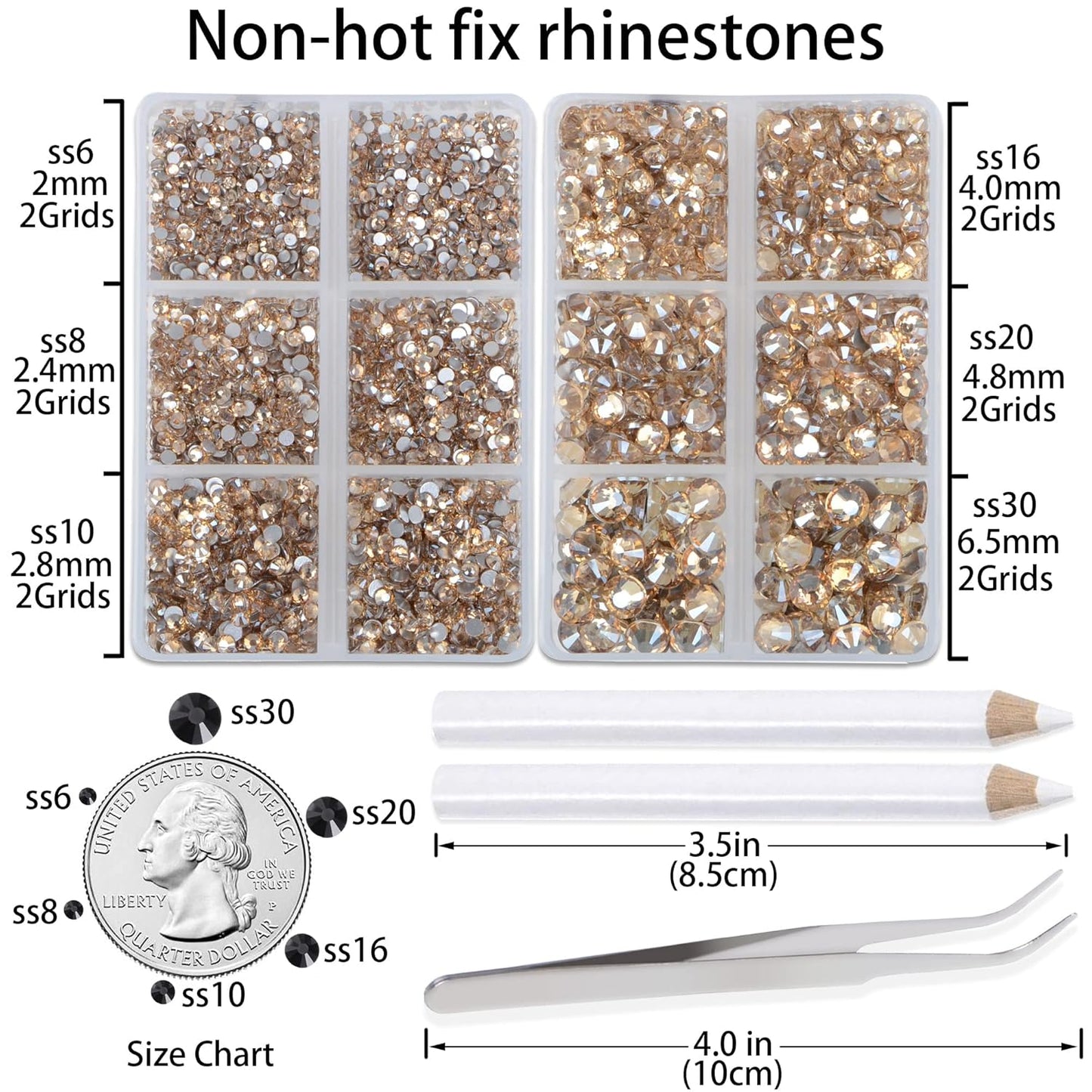 LPBeads 6000 Pieces Champagne Non Hotfix Rhinestones 6 Sizes Round Crystal Glass Flat Back Rhinestones with Tweezers and Picking Pen for Nail Art Crafts Clothes Bags DIY