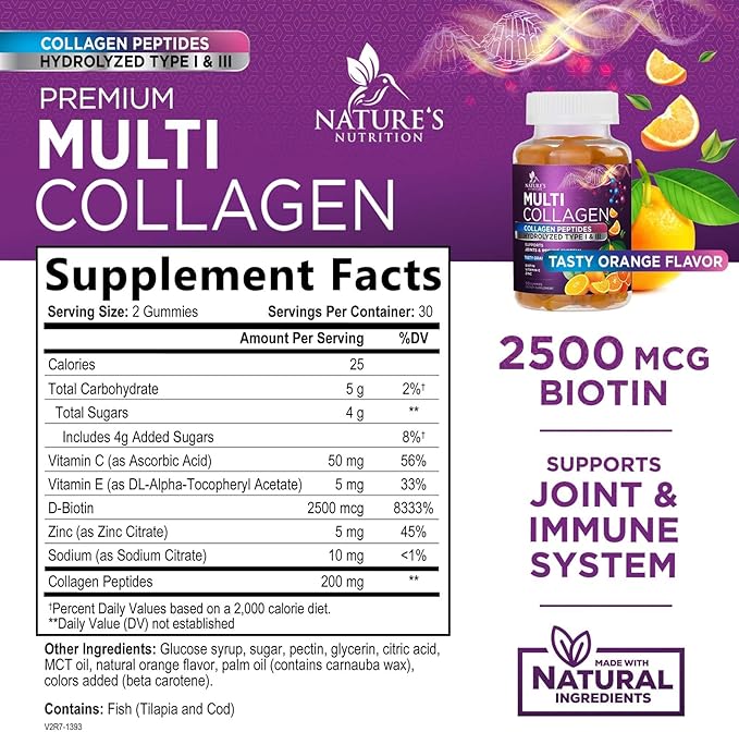 Collagen Gummies for Women with Vitamin C, Zinc & Biotin - Hydrolyzed Protein Type 1 & 3 Multi Collagen Peptides Supplement - Support for Hair, Skin, Nails & Joints, Gluten Free Complex - 60 Gummies