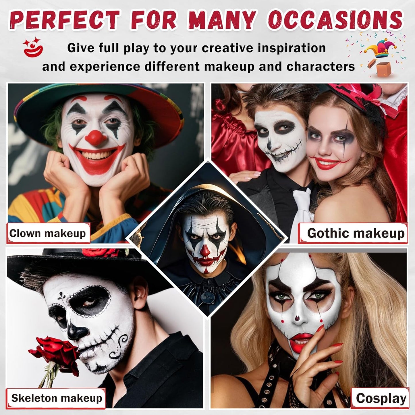 CAHIUYOA Halloween Joker Clown Makeup Kit,Black White Red Face body Paint with Red Clown Nose,Lipstick,3PCS Green Powder Puff,Professional Halloween Stage Cosplay joker Sfx Makeup
