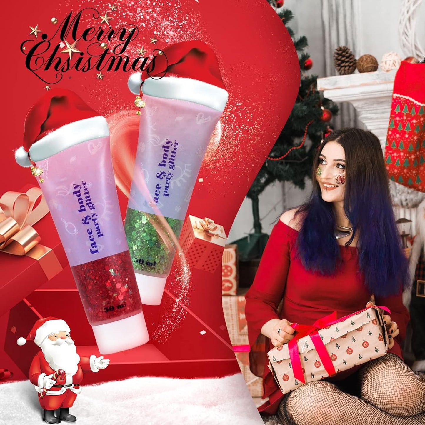 DAGEDA Body Glitter Gel, Face Glitters Body Gel Sequins Shimmer Liquid Eyeshadow, Chunky Glitter for Face Hair Nails, Holographic Cosmetic Laser Powder Festival Glitter Makeup 50ml(Red)