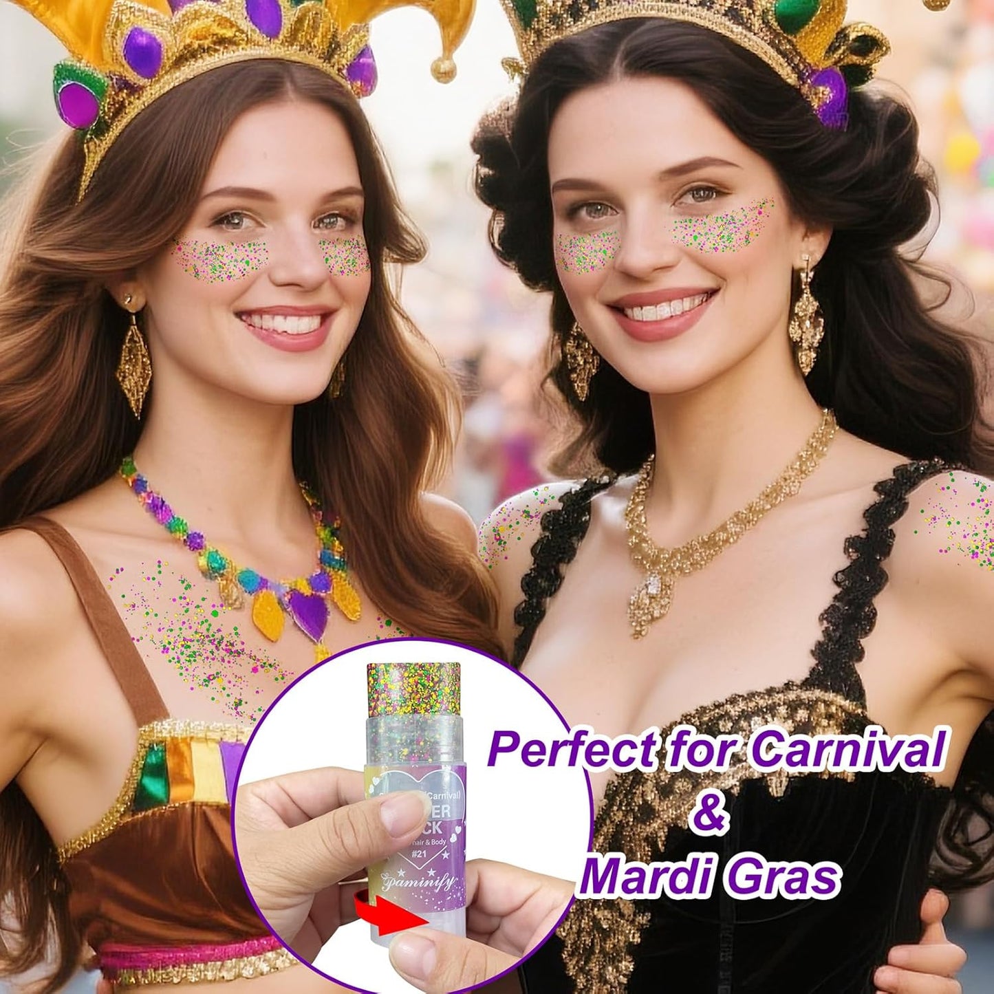 Mardi Gras Gold Hair Glitter Stick,Purple Green Face Body Glitter Makeup,Carnival Costume Waterproof Outfits for Women & Kids,Mardi Gras Accessories Singer Concerts Chunky Glitter