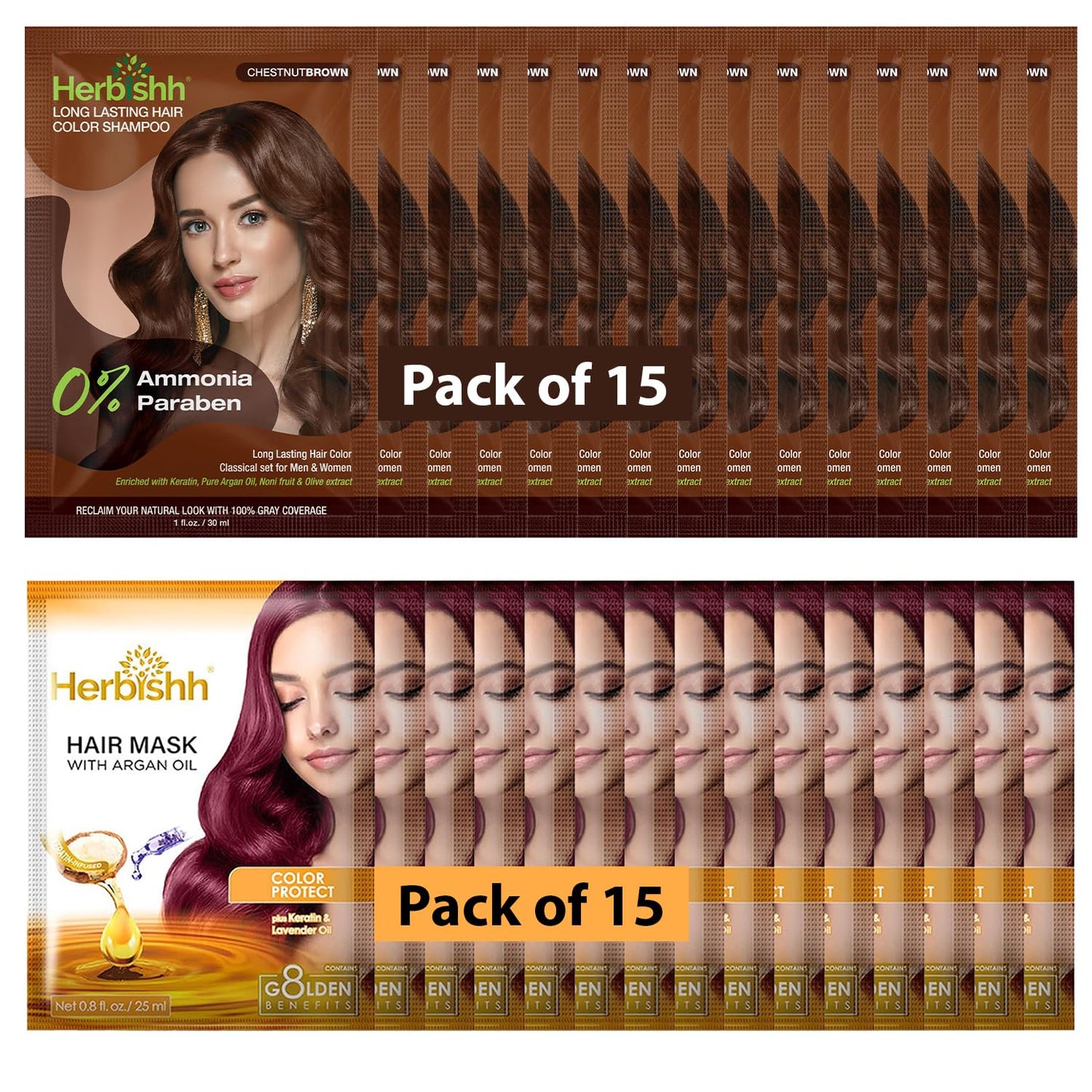 Herbishh Travel Pack Hair Dye Color Shampoo + 15pc Argan Hair Mask Sachet (Chestnut Brown, 15 Sachets)