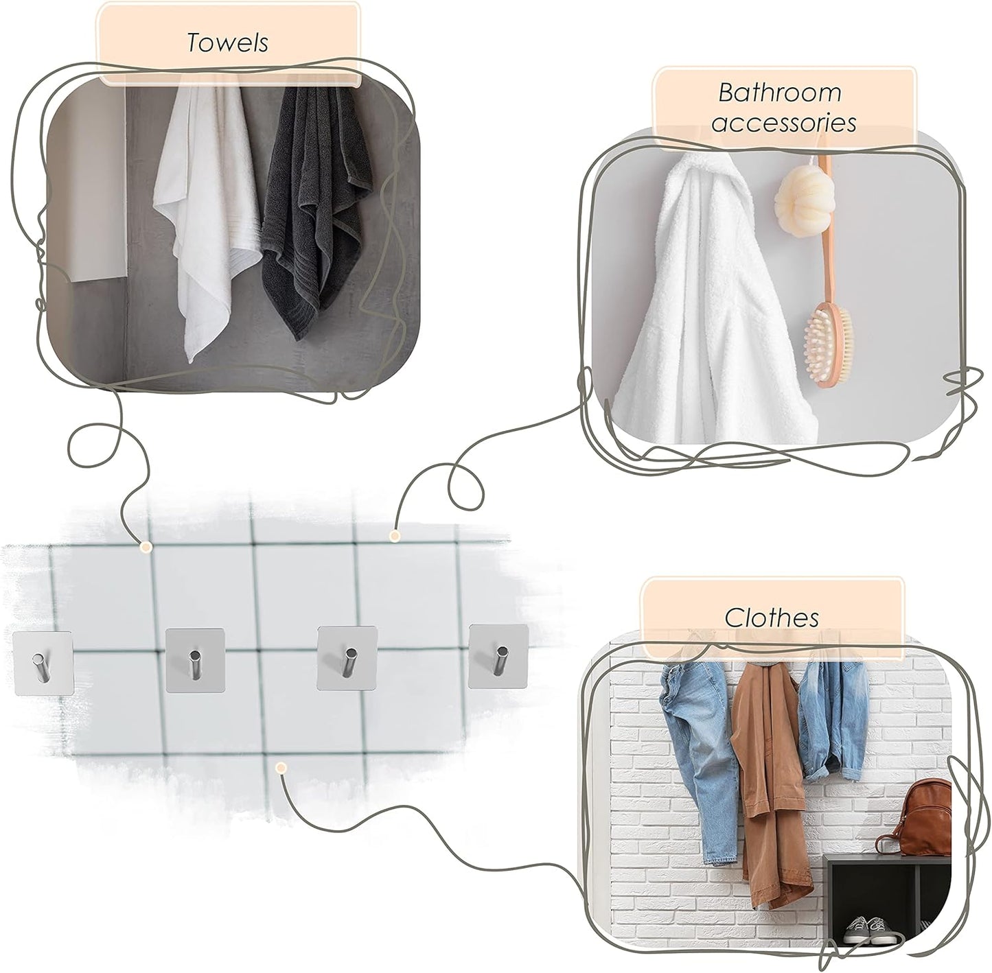 Brushed Nickel Self Adhesive Towel Hooks for Bathroom Wall Door Mounted - SUS304 Stainless Steel Strong Strips Stick on 3M Wall Hooks for Hanging Coat, Hat, Bag, Key, Jacket – 6 Pack