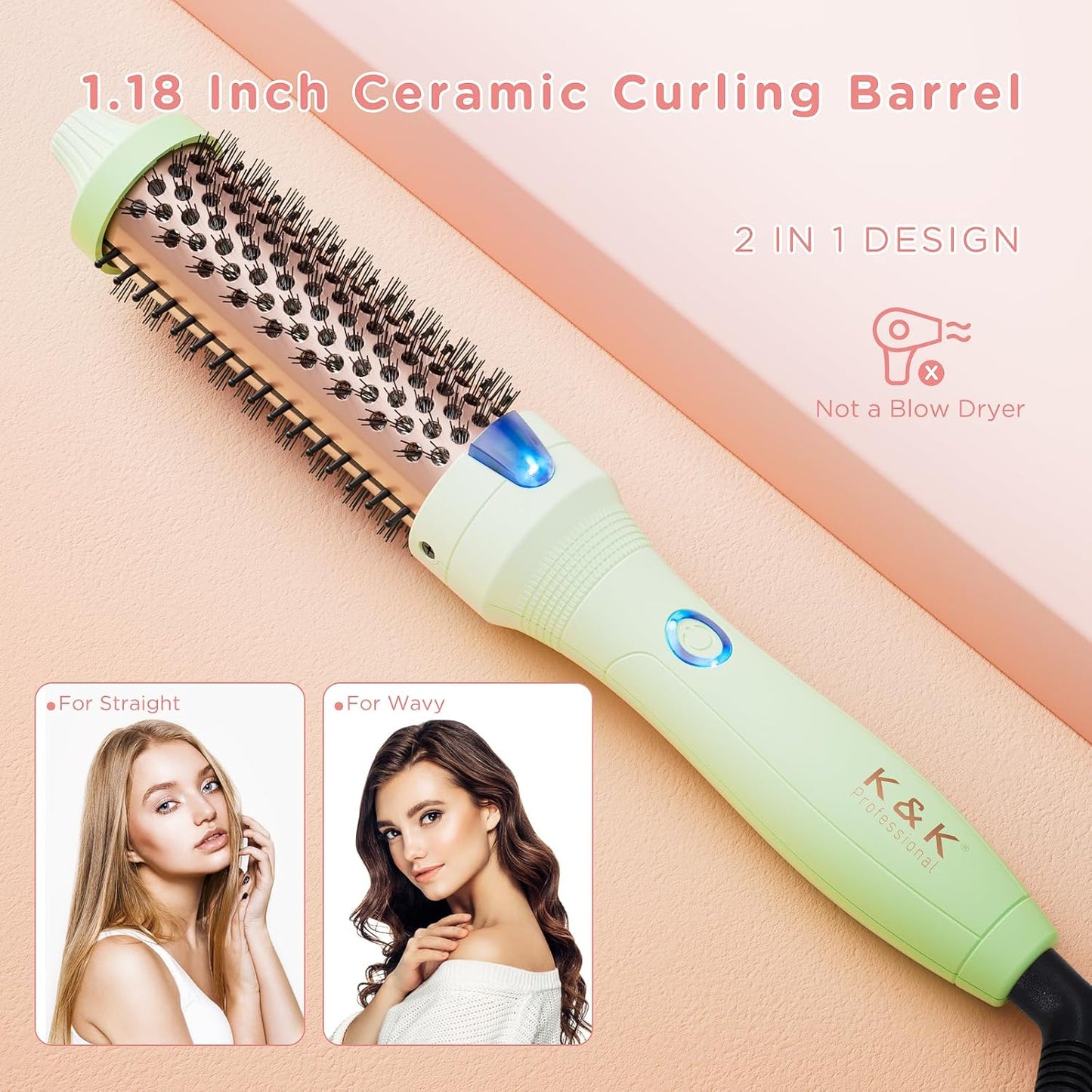 K&K Brush 30, 1.18 Inch Hot Styling Brush, Ionic Curling Iron with Tourmaline Ceramic Barrel, Professional Hair Curler up to 356°F, Dual Voltage Hair Waving Style Tool for Traveling
