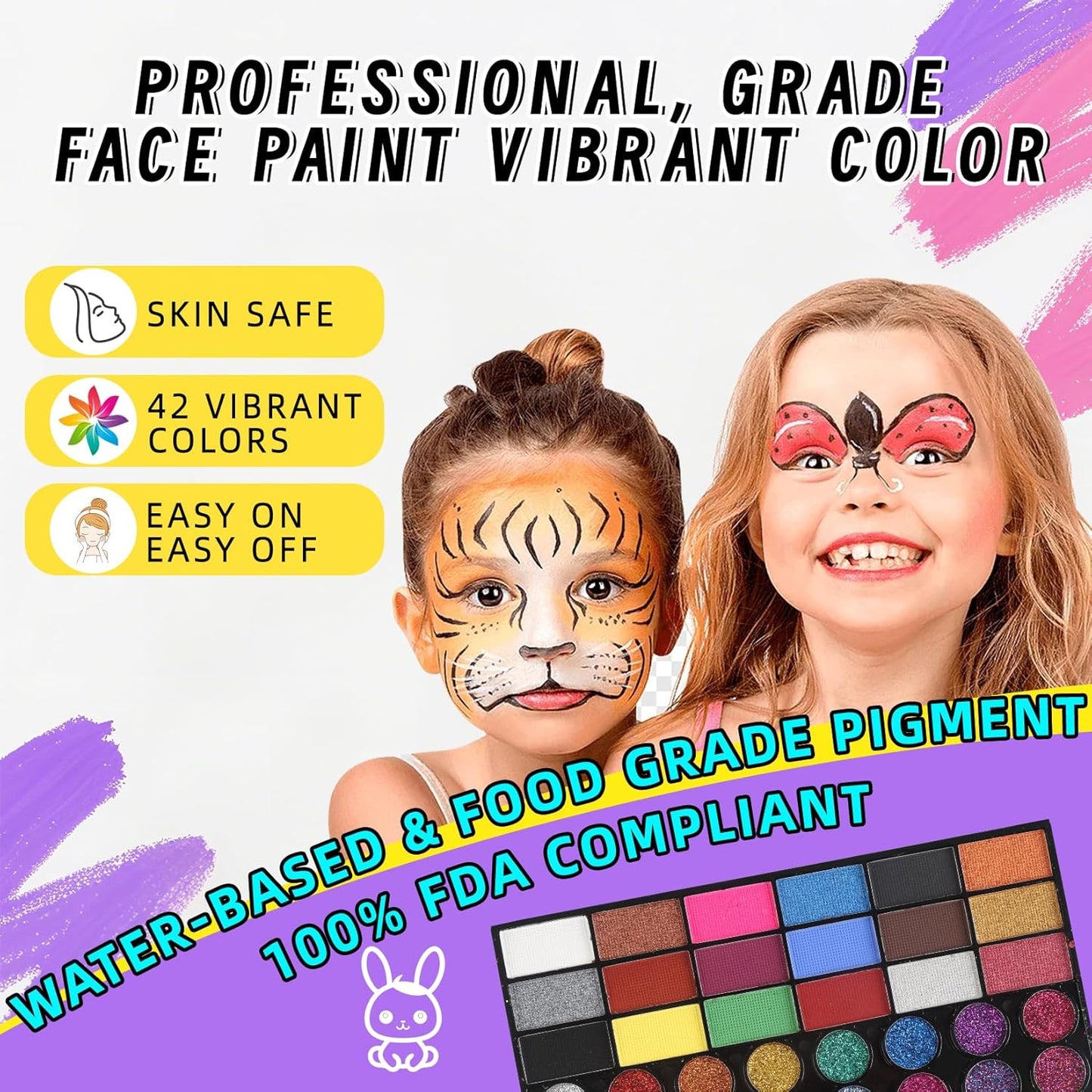 42 Color Face Paint Kit for Kids, Brushes, Sponges, Gems, Stickers, Non-Toxic Water-Based Makeup Palette Face Painting Kit for Kids Ideal Halloween, Parties, Festivals, Body Art & More