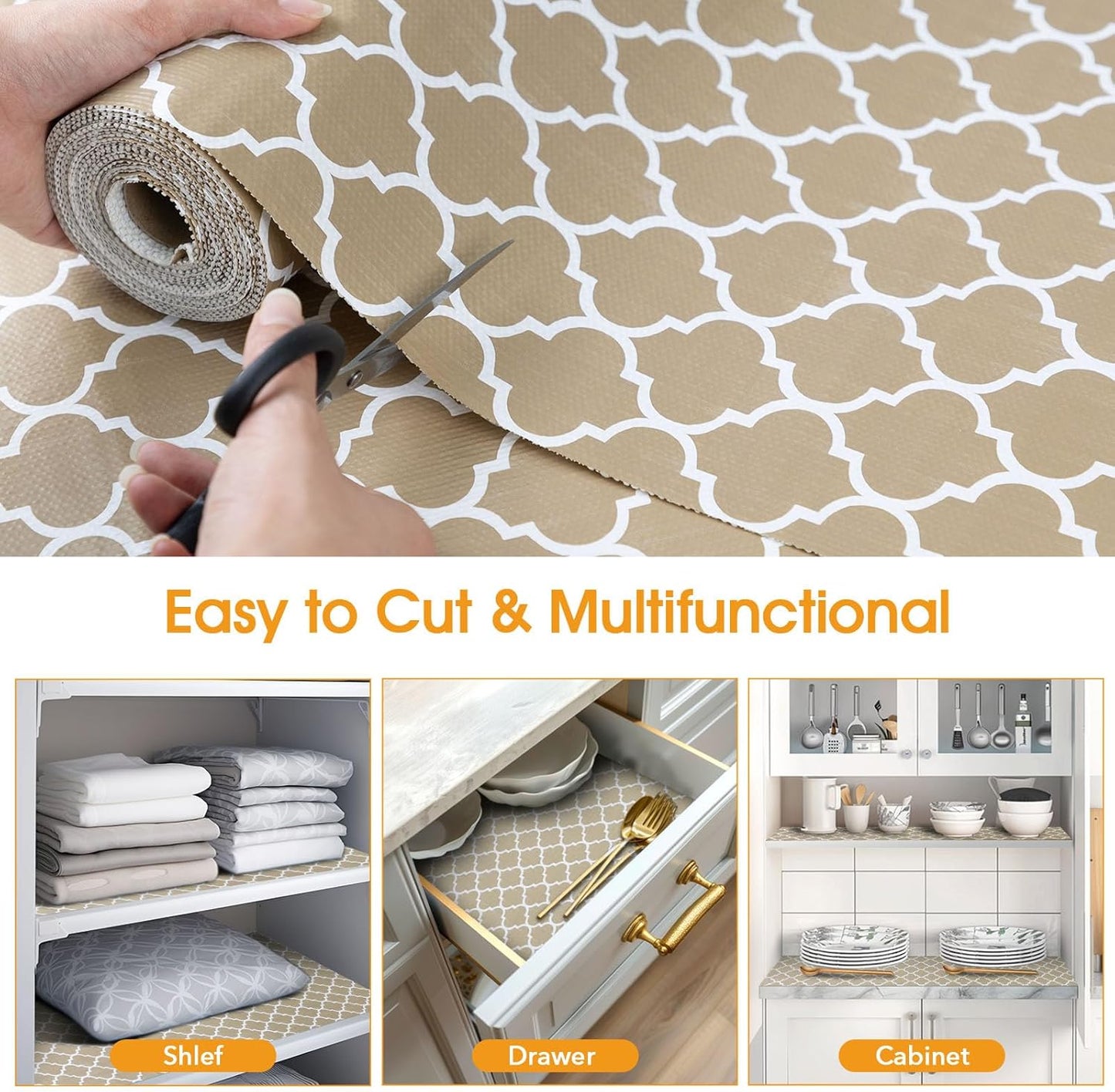 Shelf and Drawer Liner for Kitchen Cabinets Non-Adhesive, Strong Grip Non-Slip Thickened Cabinet Liners for Shelves, Waterproof Mats for Dresser Cupboard, Beige, 12 in x 30 Feet
