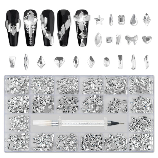 Nail Art Rhinestones, Nail Gems and Rhinestones Kit with Wax Pencil 1000 Pcs Flatback Rhinestones for Nails Decorations, Crafts, Makeup, Face, Clothes, Shoes