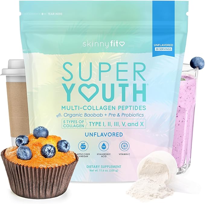 SkinnyFit Super Youth Unflavored Multi-Collagen Peptides + Probiotics, Baobab Fiber, Apple Cider Vinegar, Hyaluronic Acid, & Vitamin C, Skin, Hair, Joint & Metabolism Support, 30 Servings