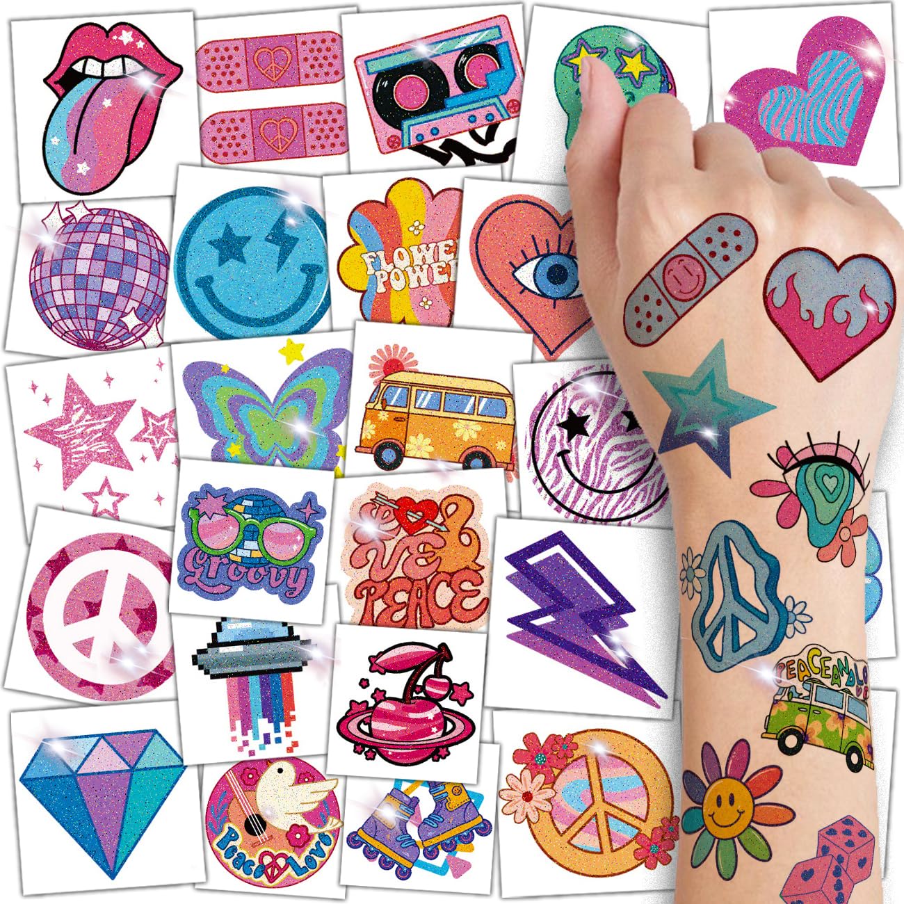 Glitter Groovy 70s Temporary Tattoos for Kids - 74 Individually Sheets Glitter Retro Flower Power, Smiley Decorations Tattoos Stickers for Boys Girls Party Supplies