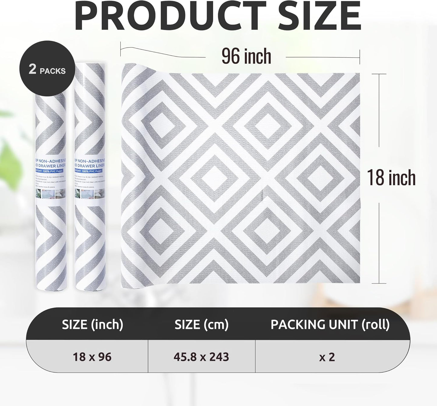 RAY STAR 18X96 Inch Shelf Liner for Kitchen Cabinets, Non-Adhesive Cabinet Liner Washable, PVC Drawer Liner for Dresser Non-Slip Bathroom (Modern Grey)(2 Roll)