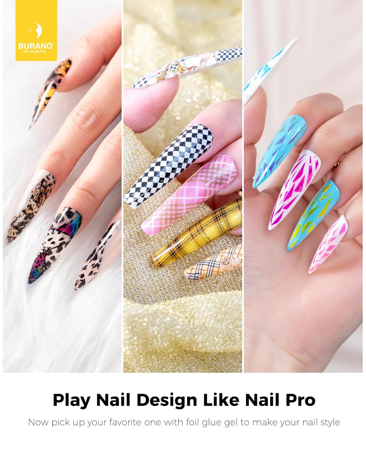 BURANO Nail Art Nail Foil Glue Gel, o.5 oz with 10PCS Foil Stickers Set Nail Foil Glue for Nails Foil Transfer Gel, Nail Design DIY UV LED Lamp Required (Design Foil 17)