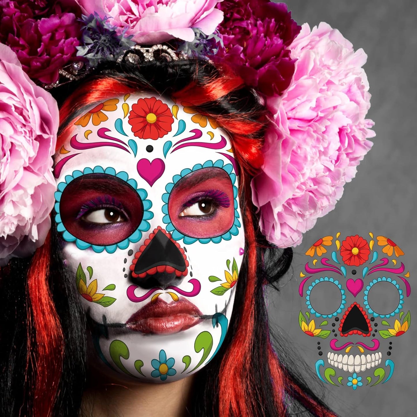 Day of the Dead Face Tattoos, Halloween Temporary Tattoo 10 Pack Dia de Los Muertos Skeleton Makeup Kit Catrina Red Rose Sugar Skull Full Face Stickers for Women Kids Halloween Accessories and Parties