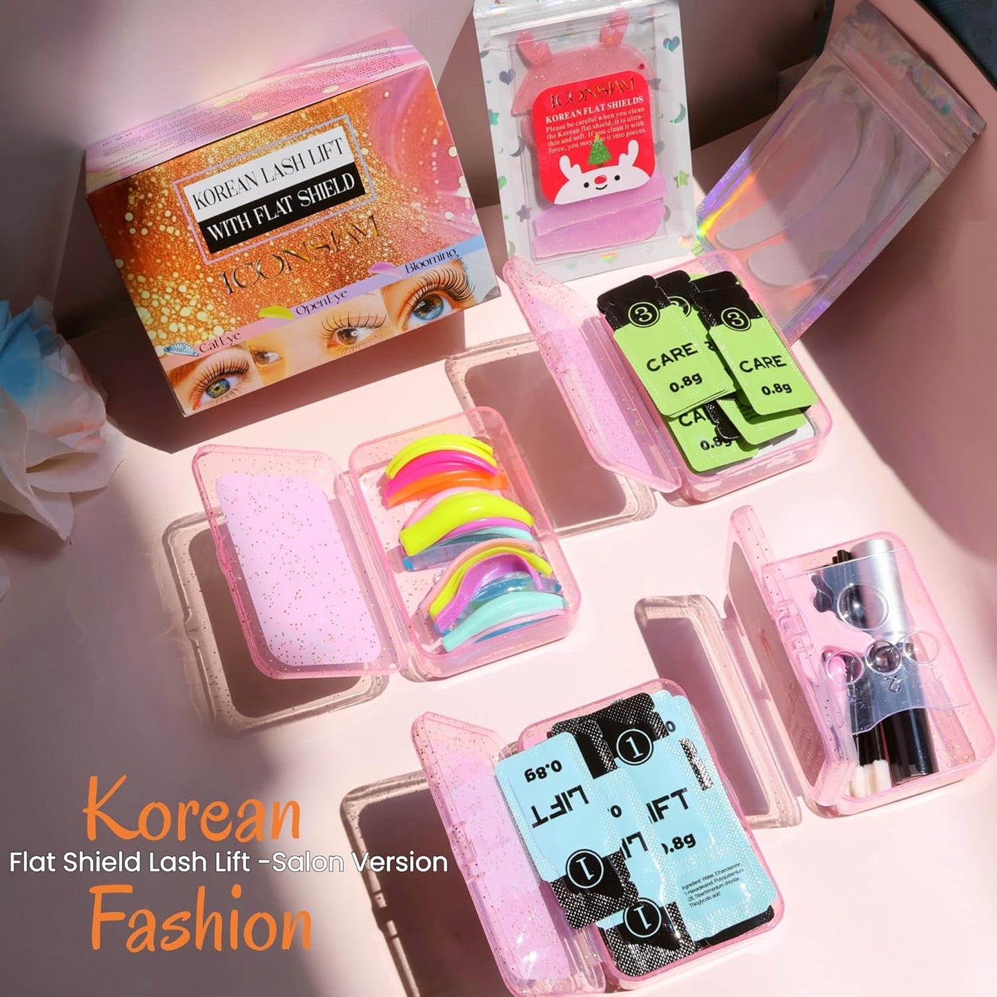 Korean Lash Lift Kit Korea Eyelash Lifting Starter Set With Flat Shields Perming Lash Evenly Improve Success Of Lash Perm Curling Eyelashes Thoroughly Professional Salon 15 Applications Sachet (Rose)
