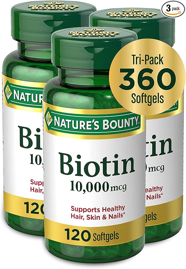 Nature's Bounty Biotin 10,000mcg, Supports Beautiful Hair, Glowing Skin and Healthy Nails, Rapid Release Softgels, 120 Count (Pack of 3)