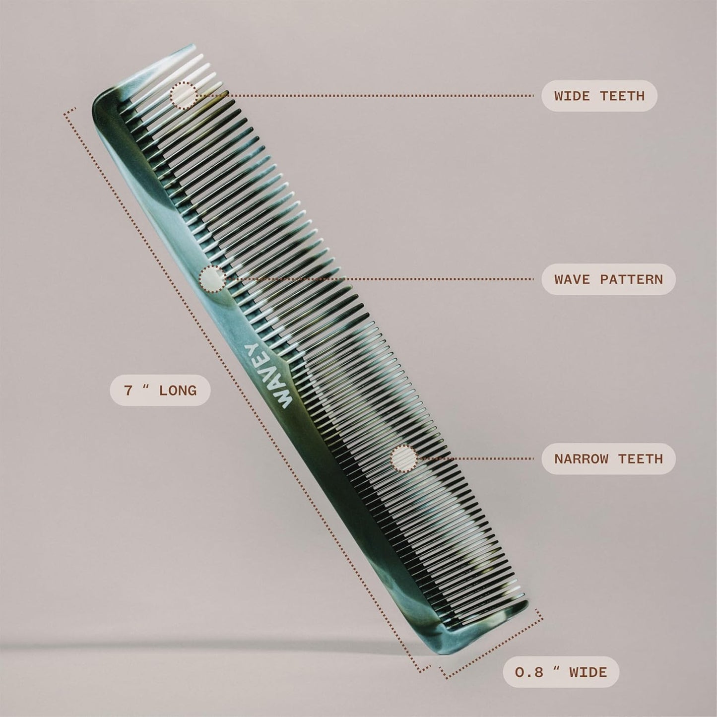 WAVEY Quality Hair Comb for Men and Women, Recycled Ocean Plastic, 7 Inches length perfect for home and travel, Wide and Fine Tooth for thick, thin, wavy, straight and curly hair styling - GREEN