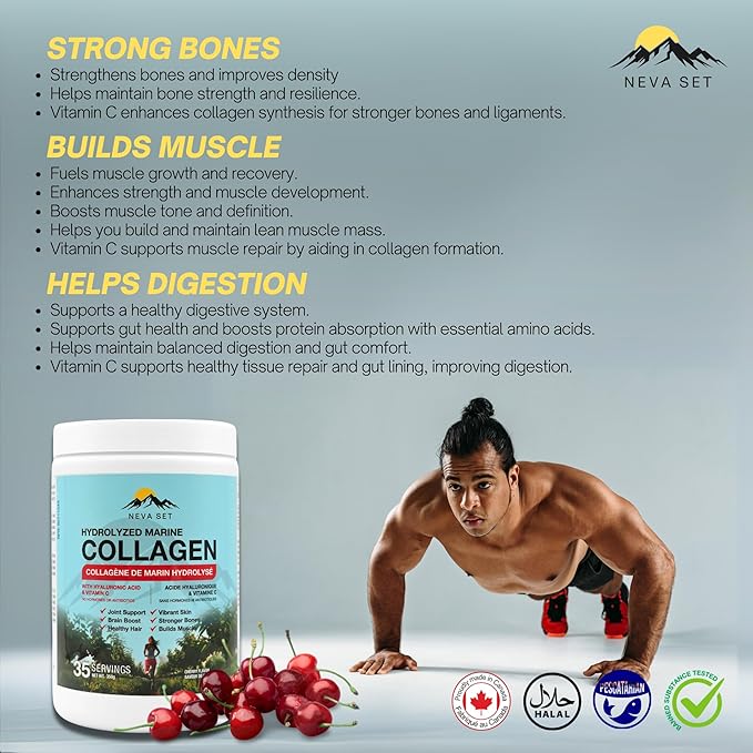 Cherry HYDROLYZED Marine Collagen with HYALURONIC Acid & Vitamin C. 350g. Join,Hair,Skin & Bones Support.