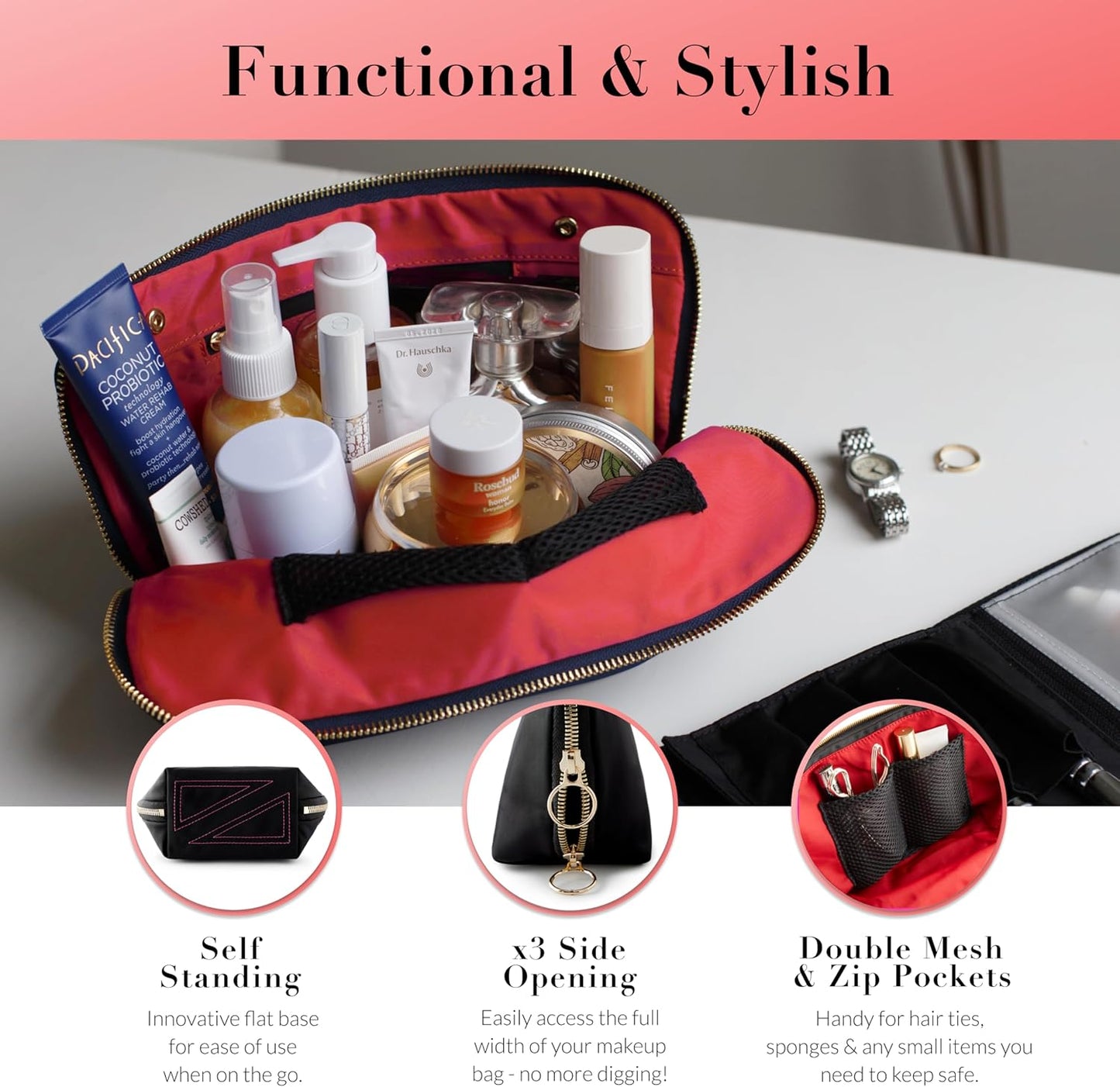 KUSSHI Washable Travel Makeup & Cosmetic Bag - Brush Organizer Sold Separately (Signature, Satin Black/Red)