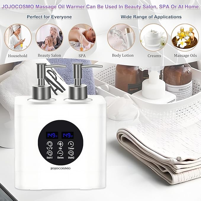 New Dual Control Massage Oil Warmer with Four Body Liquid Bottle Dispensers, Shampoo Heater Form 86 to 149 ℉, Reserve Heating time, for Salon, Home,SPA Essential Oil Lotion Warmer