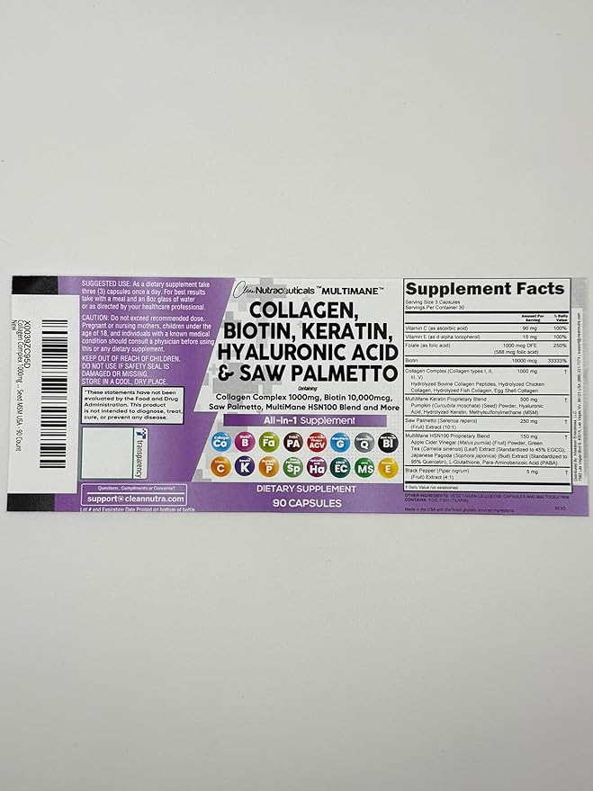 Clean Nutraceuticals Collagen Pills 1000mg Biotin 10000mcg Keratin Saw Palmetto Hyaluronic Acid - Hair Skin & Nails Vitamins & DHT Blocker with Vitamin E Folic Acid Pumpkin Seed MSM - 90 Count