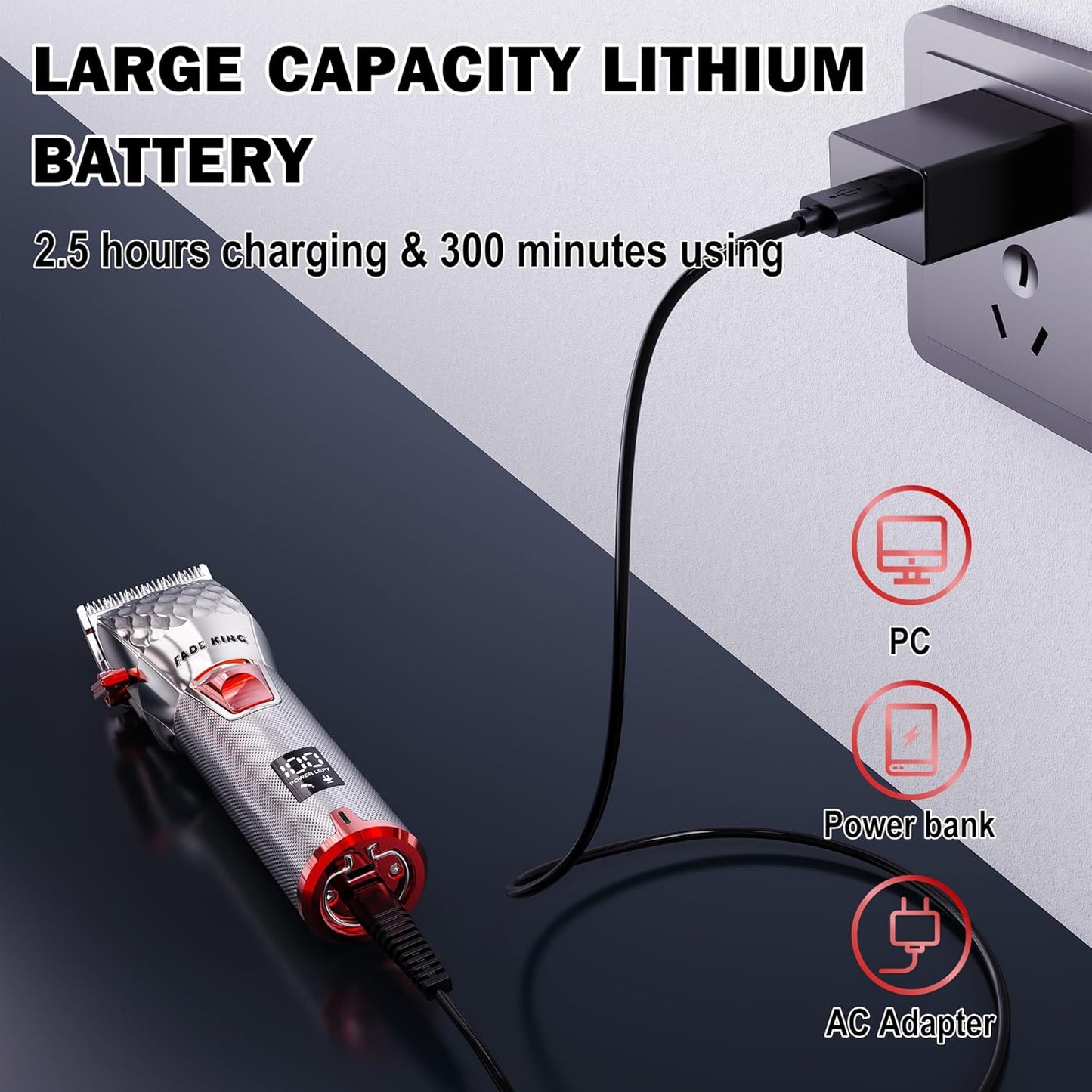 FADEKING® Professional Hair Clippers for Men - Cordless Hair Clippers, LCD Display Barber Clippers for Hair Cutting & Mens Grooming with Travel Case(Silver+red)