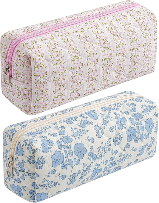 Cute Floral Cotton Makeup Brush Cosmetic Bag for Women, Travel Quilted Zipper Make Up Bag, Flowers Toiletry Organizer Case Kawaii Makeup Cosmetic Travel Cloth Pouch (Pink+Blue Floral)