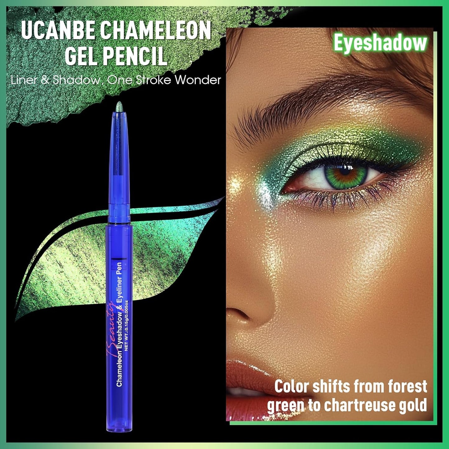 UCANBE Chameleon Eyeshadow & Eyeliner Gel Pencil-Multichrome Shifting Colors Metallic Glitter Eye Makeup,Waterproof Long-Lasting Smudge-Proof Multi-Dimensional Color (Forest Green to Chartreuse Gold)