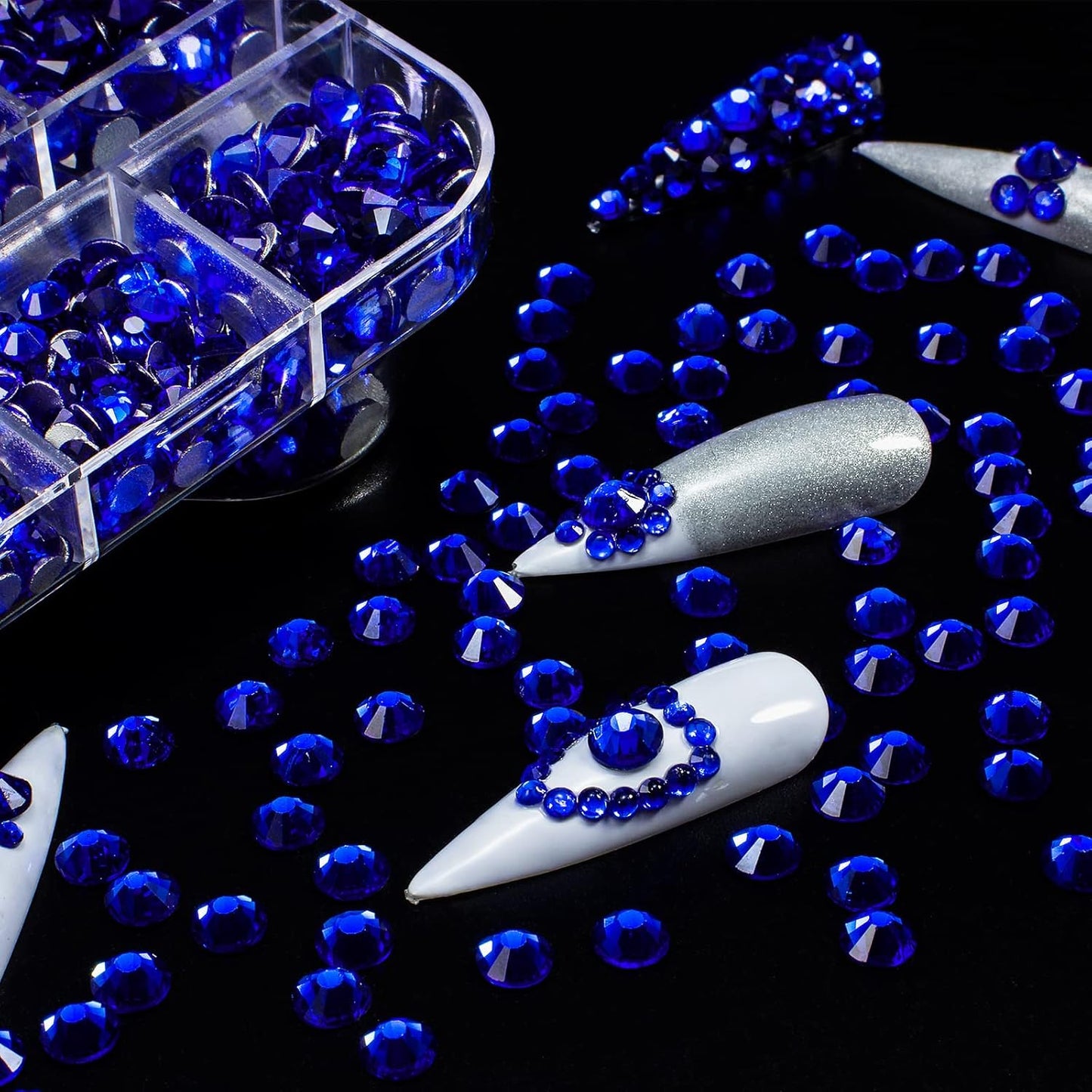 Nail Art Rhinestones HUETFAT 2400 Pcs Flatback Rhinestones Gems Stones Round Crystal Royal Blue 6 Sizes (1.9-4.5 mm) with Storage Organizer Box Wax Pencil Tweezers for Nail Art craft（Sapphire）