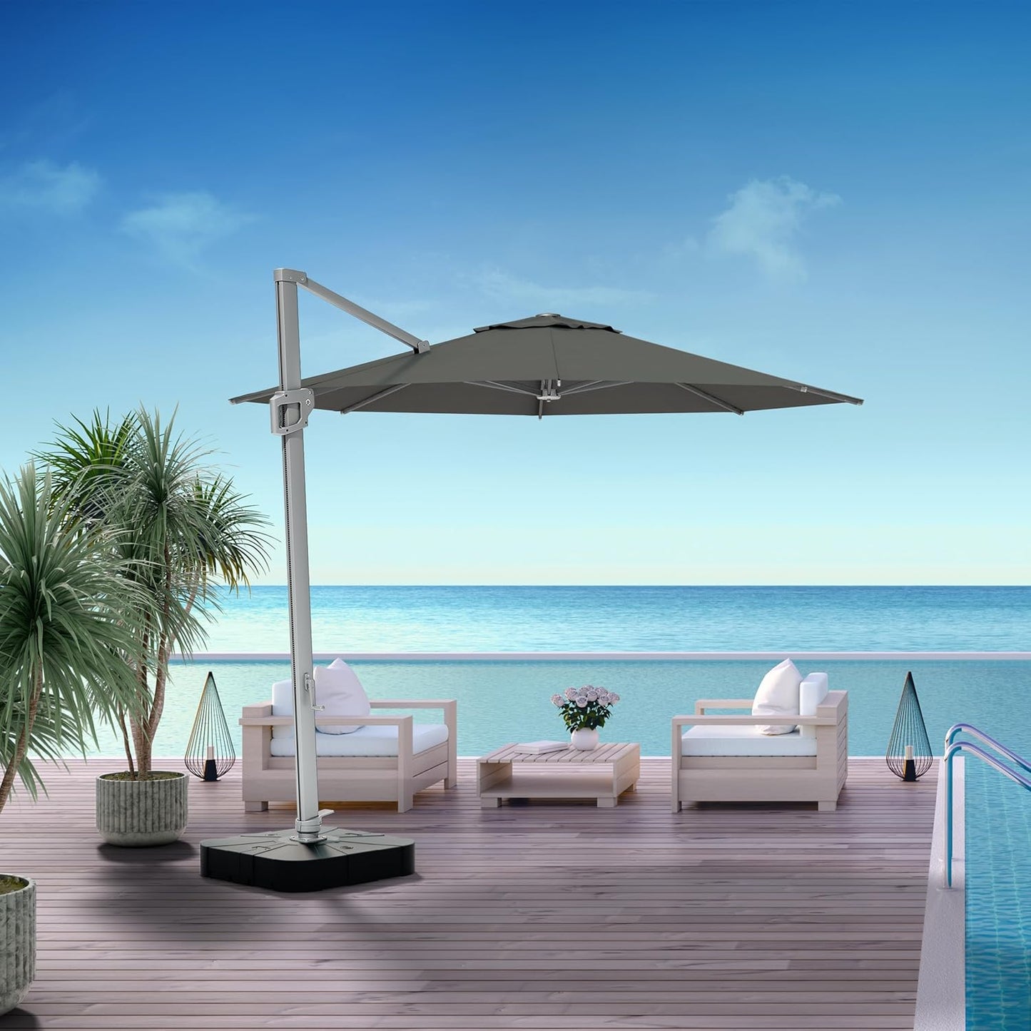 Midtown Umbrellas 10 Ft Outdoor Cantilever Patio Umbrella w/Terylast Charcoal Grey Fabric - Rotate 360° Offset Patio Umbrella, Deck Patio Umbrella, Backyard Umbrella & Garden Umbrella - Silver Frame