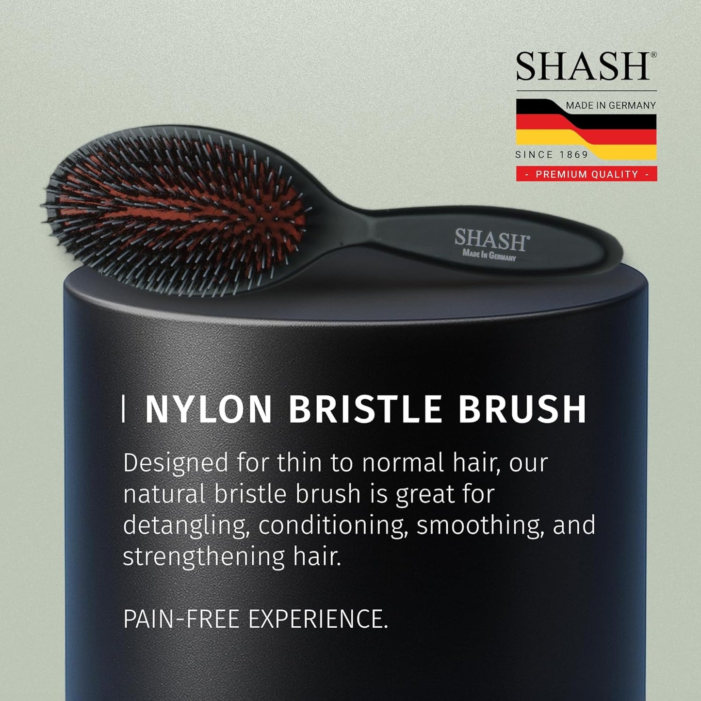 SHASH Since 1869 Hand Made In Germany - Nylon, 100% First Cut Boar Bristle Brush Suitable For Normal to Thick Hair - Gently Detangles, No Pulling or Split Ends - Softens Improves Texture, (Medium)